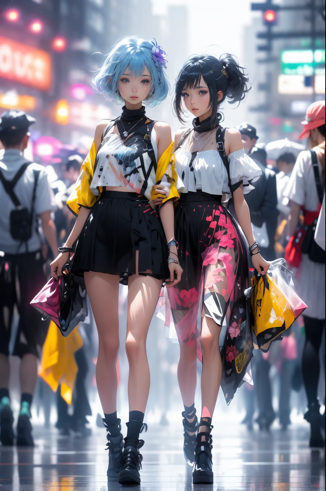 (masterpiece), (highest quality), (super detailed),(dish-shaped hair),(figure), (1 girl), (fashionable clothes), Are standing, Fashion Model, looking at the viewer, (interview), (simple background), beautiful and delicate eyes, delicate beauty, floating, (high color saturation), (colorful splash), colorful bubbles, (shine), focus on face, ponytail, Ayaka Kamisato, light blue hair, bangs, hair circle, floating flowers, flowing hair, (shiny), best writing, best shadow, full body, View