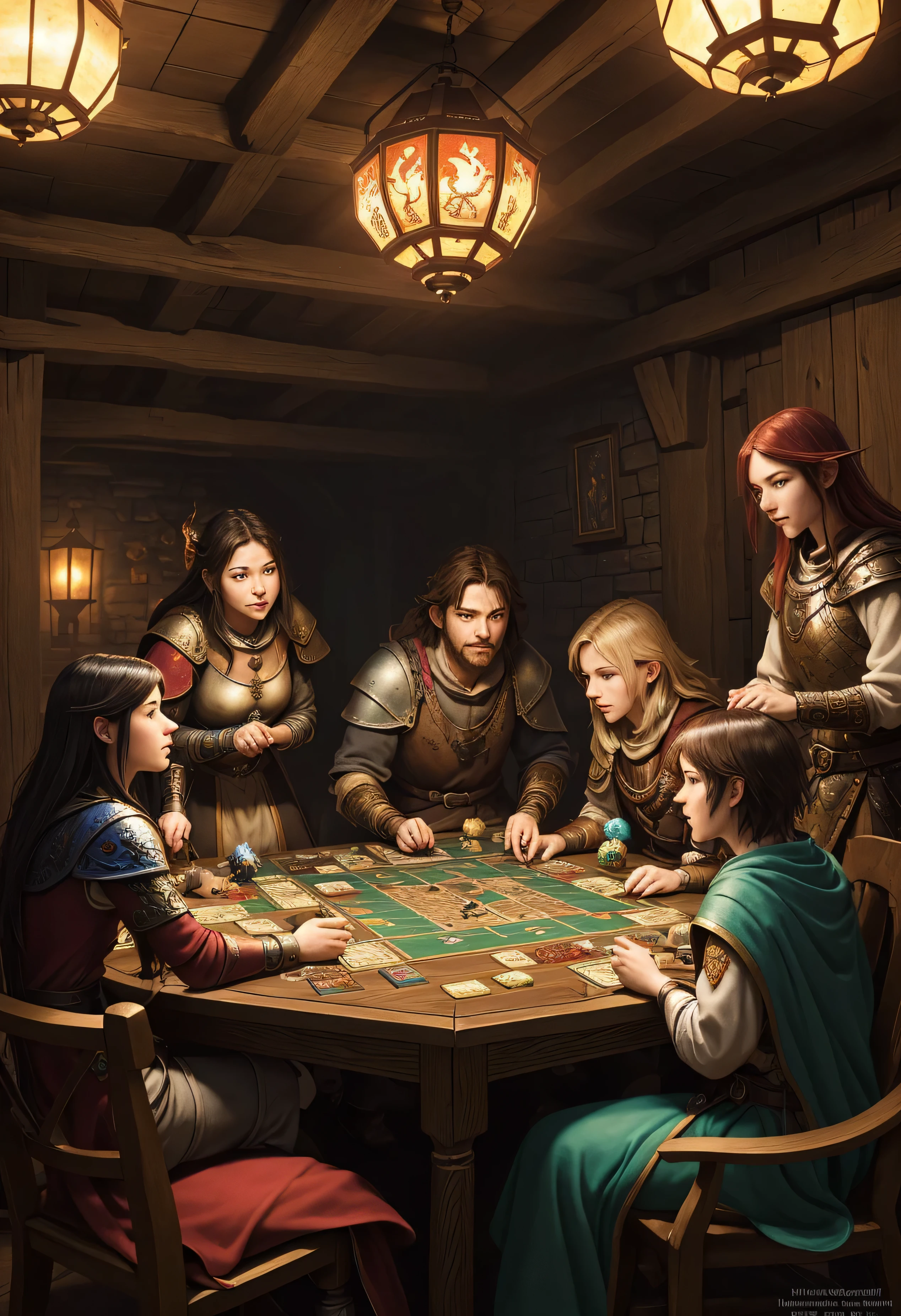 A group of friends playing board games: Dungeons and Dragons, sit at a wooden table covered with game pieces and complex cards, medieval game board. a concentrated expression. The room is dimly lit, with a soft glow coming from a lantern hanging above the table. The pieces of the game are beautifully hand painted with intricate details, featuring dragons, The atmosphere is filled with adventure. The artwork should have the best quality, with ultra-detailed artwork and bright colors. The medium used can be digital illustration or traditional painting. The general style must capture the essence of fantasy and evoke the spirit of Dungeons and Dragons board games.