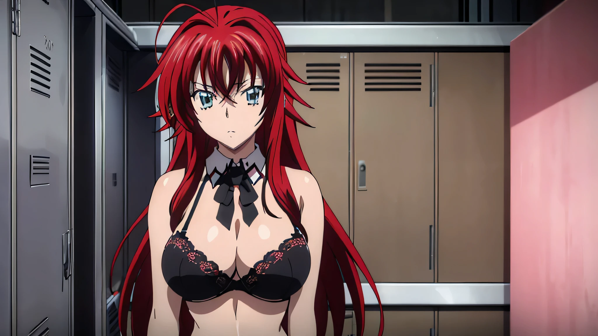 (((picture perfect))), (absurdres), 1girl, solo, rias gremory, shy face, ((upper body)), (large breasts), ((wearing bra)), ((locker room))