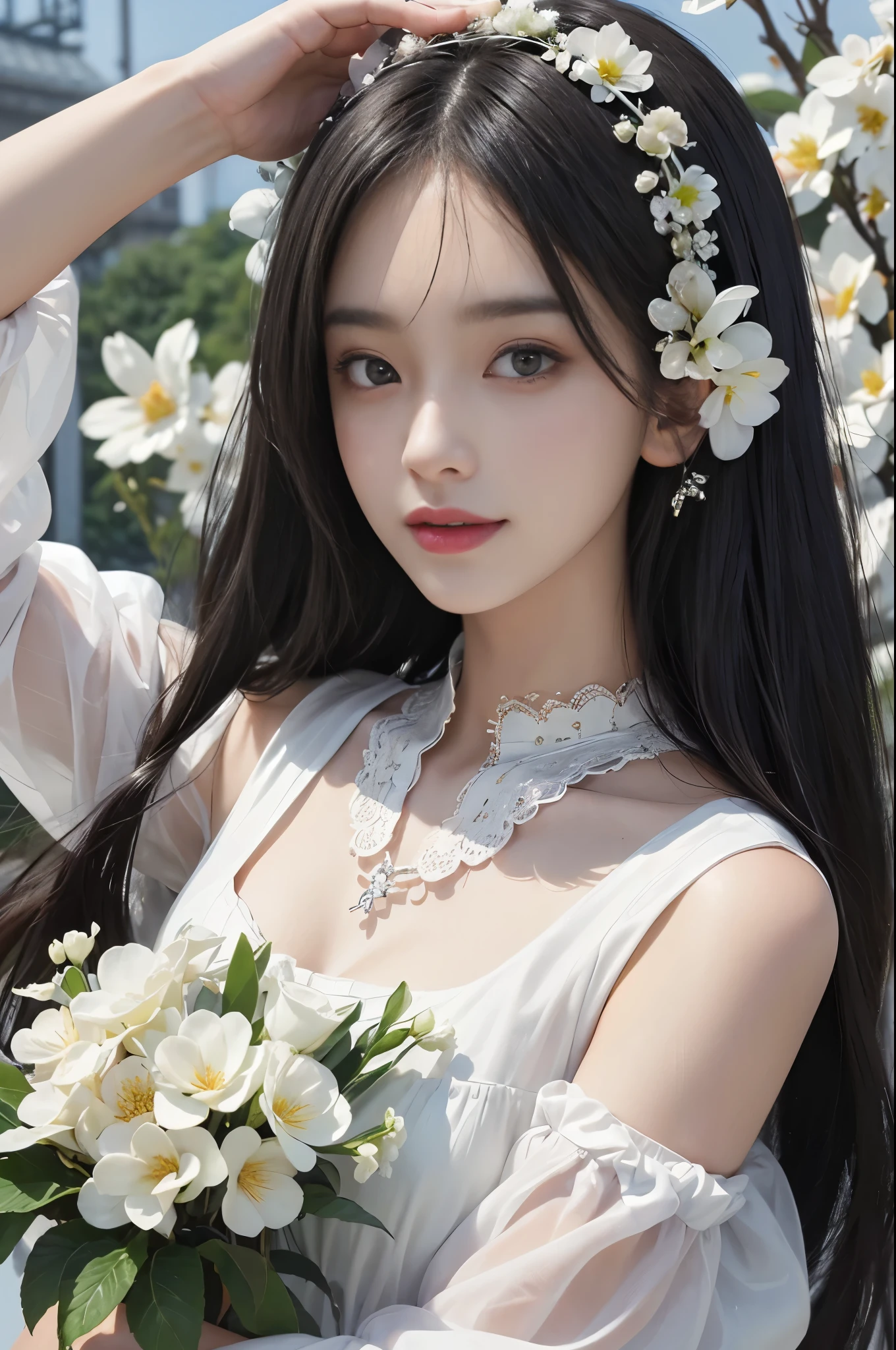 best quality、tmasterpiece、ultra high resolution、actual、1 girl、Glossy skin、((Surreal detailed))、Global photo、8K、Highly complex details、shinning eyes、Black straight hair、highkey、pureerosfaceace_v1、A smile、Elegant pose、White ultra-thin transparent lace、Lots of flowers in the background