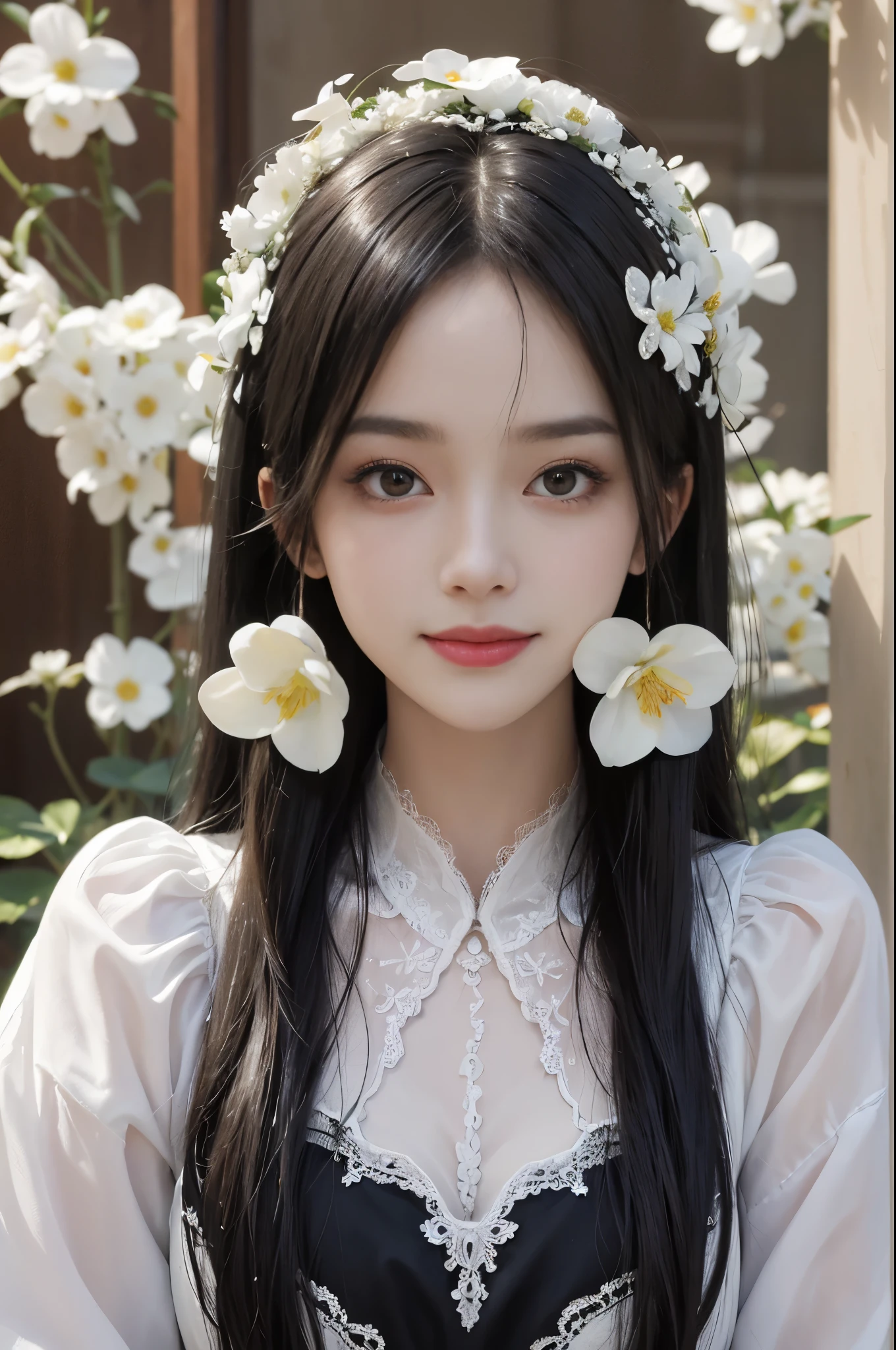 best quality、tmasterpiece、ultra high resolution、actual、1 girl、Glossy skin、((Surreal detailed))、Global photo、8K、Highly complex details、shinning eyes、Black straight hair、highkey、pureerosfaceace_v1、A smile、Elegant pose、White ultra-thin transparent lace、Lots of flowers in the background