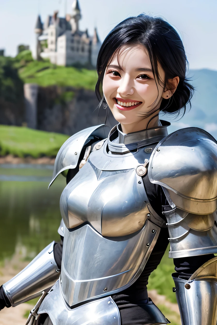 ８Ｋ、highest quality、female knight、The background is a castle、Luxurious Silver Armor、heavy equipment、black hair、hairstyle shortcut、smile、beautiful teeth、full body photo、ear piercing)), (