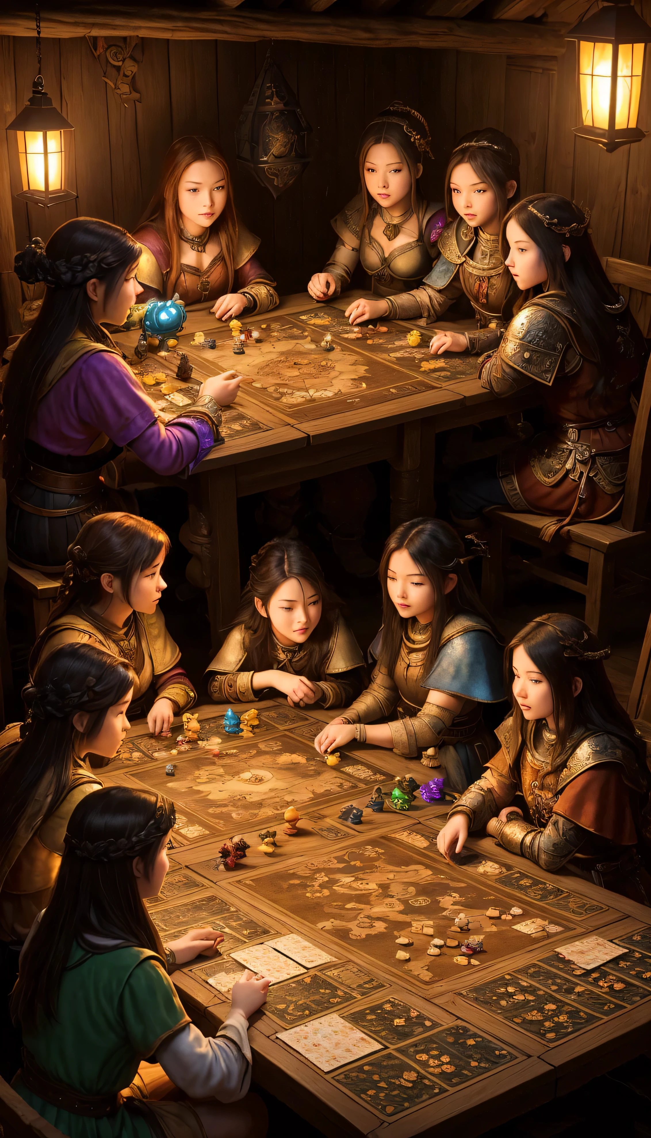 A group of girls friends playing board games: Dungeons and Dragons, sit at a wooden table covered with game pieces and complex cards, medieval game board. a concentrated expression. The room is dimly lit, with a soft glow coming from a lantern hanging above the table. The pieces of the game are beautifully hand painted with intricate details, featuring dragons, The atmosphere is filled with adventure. The artwork should have the best quality, with ultra-detailed artwork and bright colors. The medium used can be digital illustration or traditional painting. The general style must capture the essence of fantasy and evoke the spirit of Dungeons and Dragons board games.