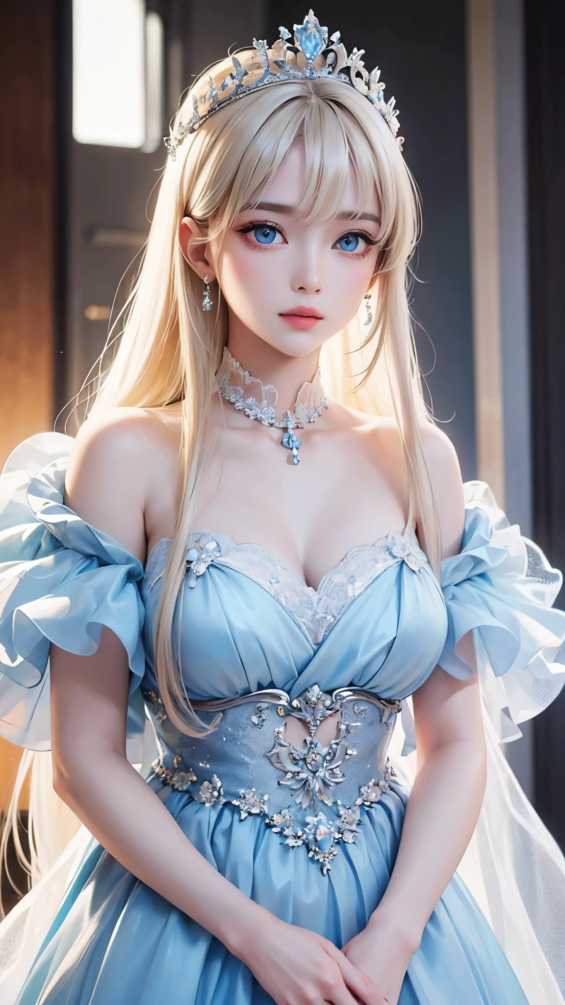 bright look、photorealism、highest quality、Super high resolution、reality、The most beautiful Nordic girls photos、cute and beautiful face details、small face、asymmetrical bangs、17 years old、Charming blonde、shortcut、Charming shining beautiful bright clear light blue big eyes、sexy、big breasts、Slender、small of the waist、eyeliner sleeveless、double eyelid、big breasts、beautiful shoulders、Idol、Black ruffled dress、belt、hair band