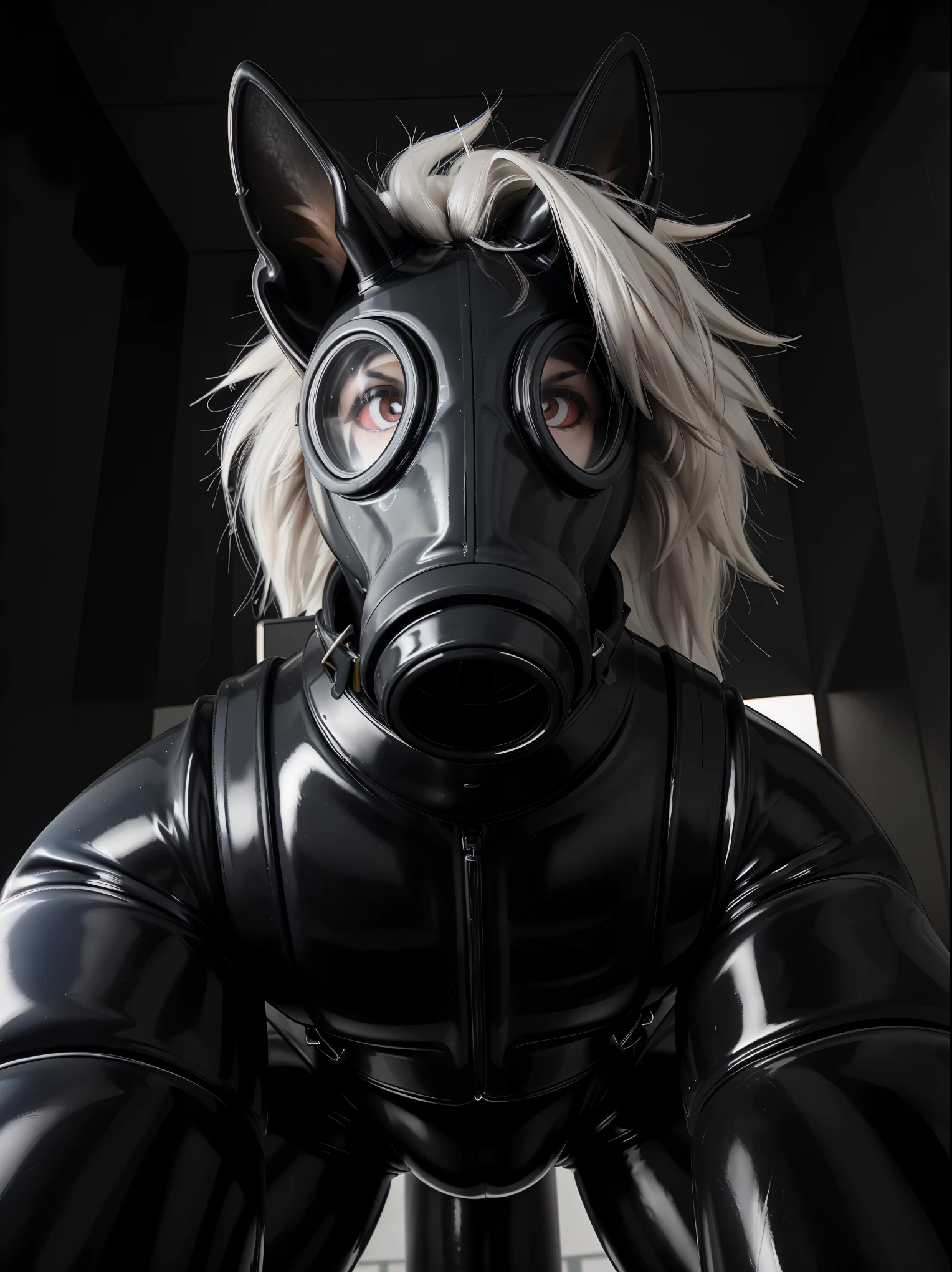 ((Masterpiece:1.2, photorealistic, HD, 4k, 8k)), ((solo)), Loona, hellhound, long white hair, glowing eyes, ((gas mask covers face so that only hair, eyes, and ears are visible)), gp5, gas mask, detailed background padded room, NSFW, explicit, straitjacketed, low angle camera, laying back, exposed horsecock, massive penis, ((black horsecock)), ejaculating, (latex, rubber suit:1.3), (latex straitjacket:1.2), (by null-ghost, by thebigslick, by darkgem, by honovy), ((extreme close up)), ((low angle camera))