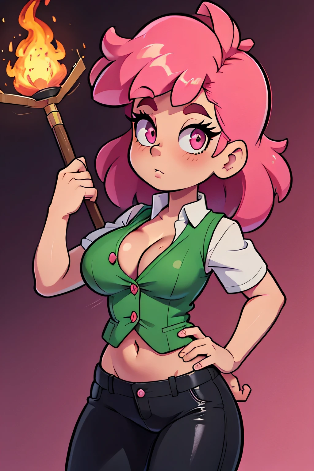 A girl with a huge chest, pink eyes and dark pink curly hair, wears a green vest with buttons and shows a navel, wears long tight shiny black pants, carries a fire fan in her hand.