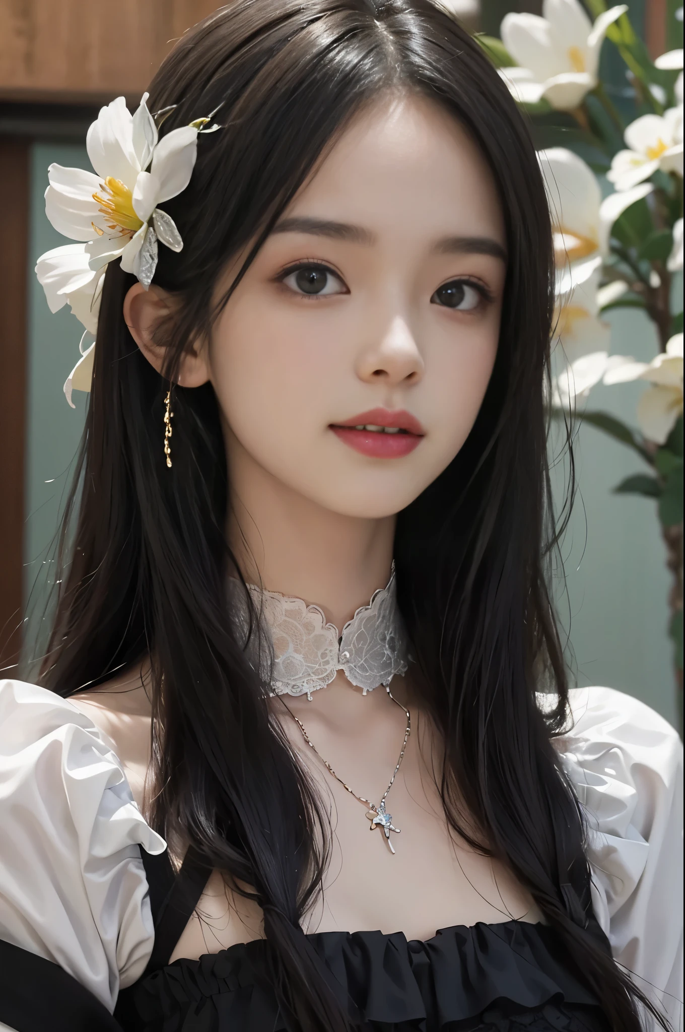 best quality、tmasterpiece、ultra high resolution、actual、1 girl、Glossy skin、((Surreal detailed))、Global photo、8K、Highly complex details、shinning eyes、Black straight hair、highkey、pureerosfaceace_v1、A smile、Elegant pose、White ultra-thin transparent lace、Lots of flowers in the background