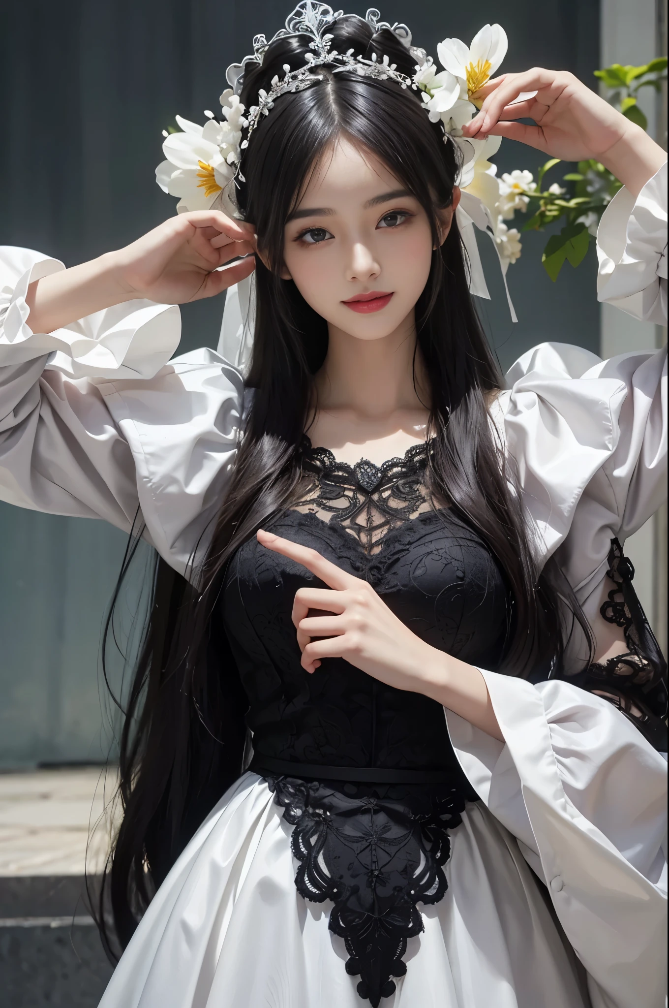 best quality、tmasterpiece、ultra high resolution、actual、1 girl、Glossy skin、((Surreal detailed))、Global photo、8K、Highly complex details、shinning eyes、Black straight hair、highkey、pureerosfaceace_v1、A smile、Elegant pose、White ultra-thin transparent lace、Lots of flowers in the background