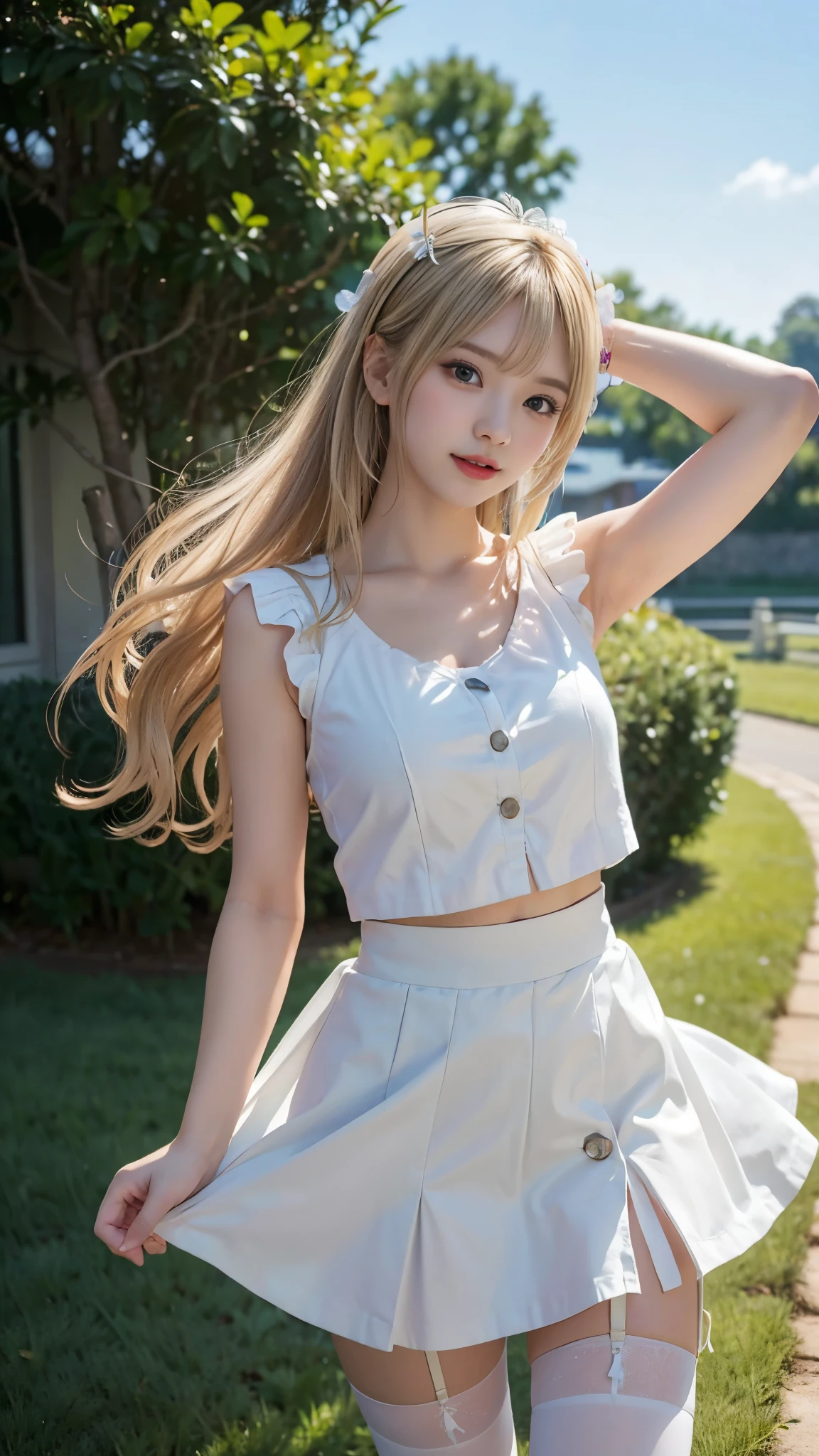 (((Blonde、forehead、White background、シンプルな無地のWhite background、Frills、race)))、Highest quality, White skin, Real human skin, (Detailed face), Oval Face, pores, Ultra-high resolution, (8K, RAW Photos, Realistic:1.4), One girl, slim, (She looks straight at the viewer with a calm, goddess-like happiness.:1.2), (Lifter Gloss, eyelash, Shiny surface, Highest quality, Ultra-high resolution, Wide lighting, Natural Shading), Teacher Fashion, No sleeve, dress, Put your arms behind your back:1.3, Bokeh, Depth of written boundary, Cowboy Shot:1.3,