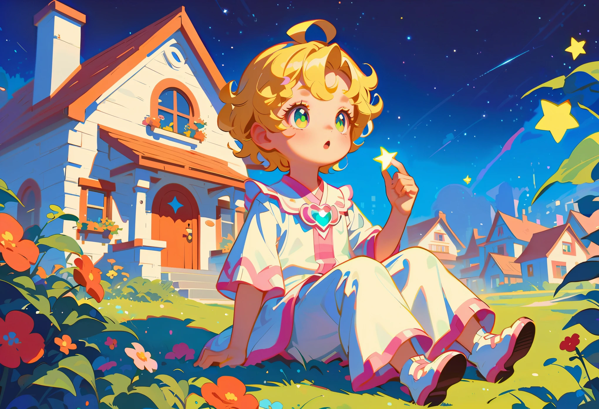 Style 9，cute  boy，male，cure，sit on the lawn，Looking at the stars，There are some small houses nearby