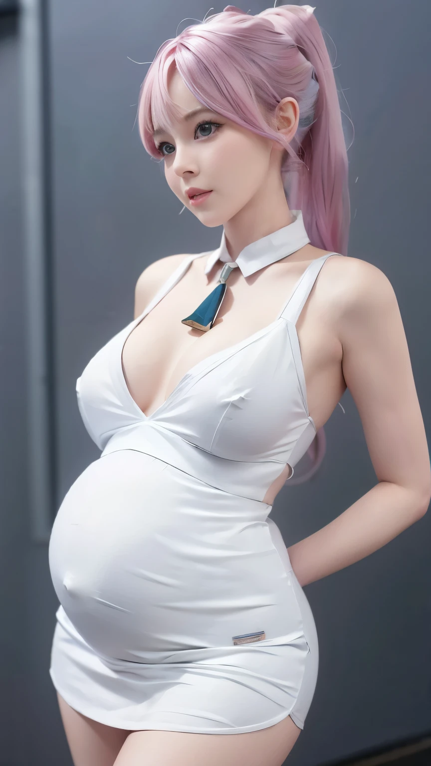 Close-up of a woman wearing a pink vest and skirt, pale milky porcelain skin, fair skin, skin smooth and translucent, anime manga girl, beautiful anime woman, surreal sweetness, white color hair , high ponytail colorful eyes, pale porcelain white skin, smooth and realistic perfect body, huge pregnant, anime manga girl, realistic shadow perfect body, Guwitz masterpiece