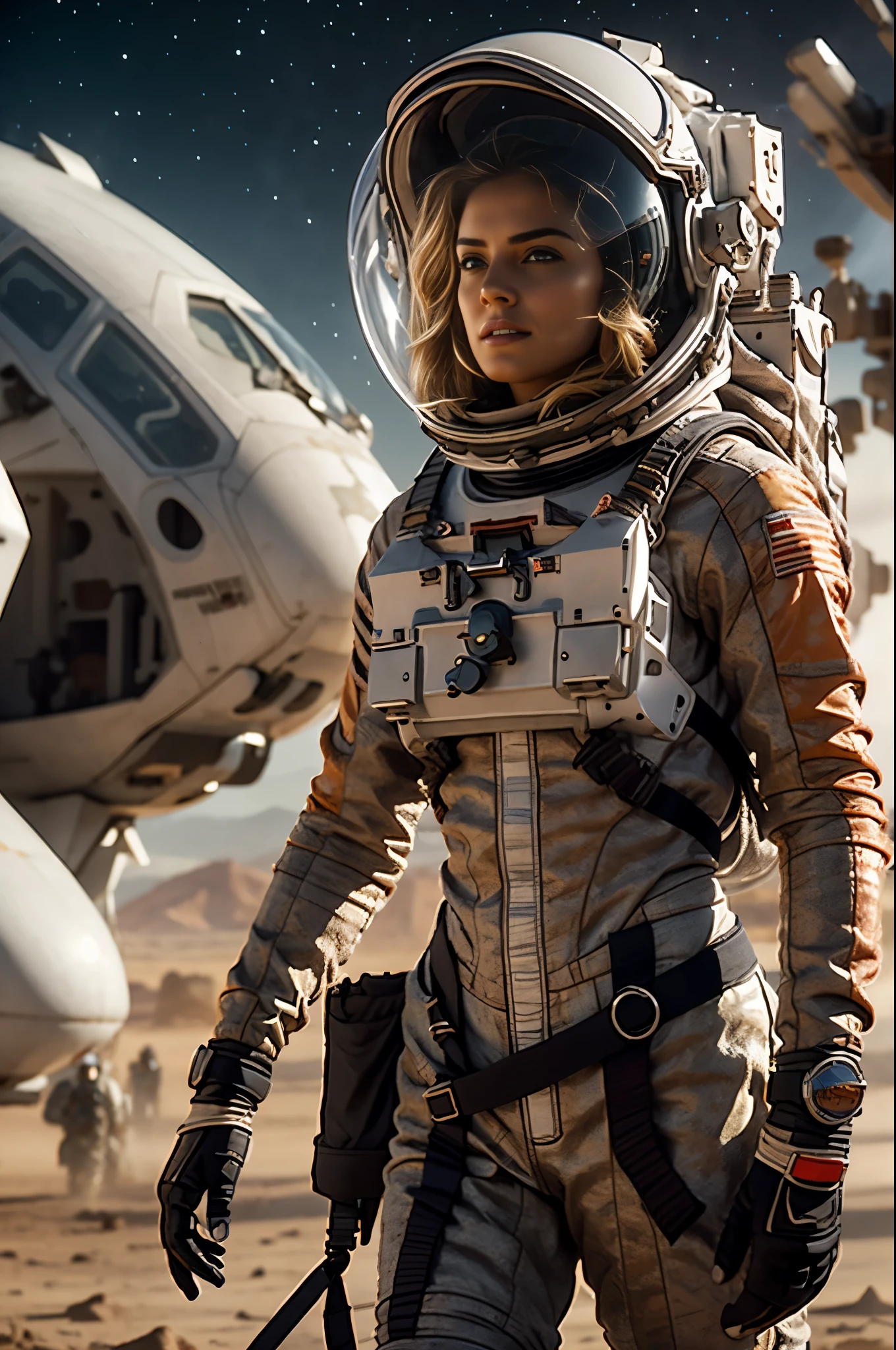 obra maestra, paisaje del planeta prohibido, mujer astronauta solitaria, a beautiful 25 year old blonde European woman, radio dish antenna, electric purple, Tool belt, Zinc gris metalizado, Science fiction, ultra high resolution.Fotorrealista, 16k, HD, HDR, la mejor calidad, traje ajustado al cuerpo, intrincado, the most fantastic details, cinematographic composition, dramatic lighting, cuerpo completo, naves espaciales en el espacio, reflexiones realistas, atardecer, to scale, , sad, dynamic posture, un complejo militar al fondo