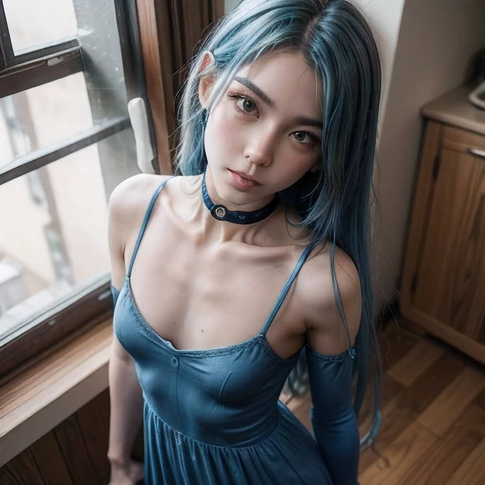 Masterpiece, realistic, (extremely itricate:1.1), (20 year old american trans girl:1.5), bedroom, (blue hair, long hair:1.5), collarbone, thin, slim body, (skinny:1.5), (flat chest:1.5), (blue dress, stockings, choker:1.5), seductive, flirty, (standing:1.5), (from above, high angle photo:1.5) (front view:1.5), professional color photograph, ambient light, transexual, (penis, dick) erection, solo, testicles, futanari, (big dick:1.5),