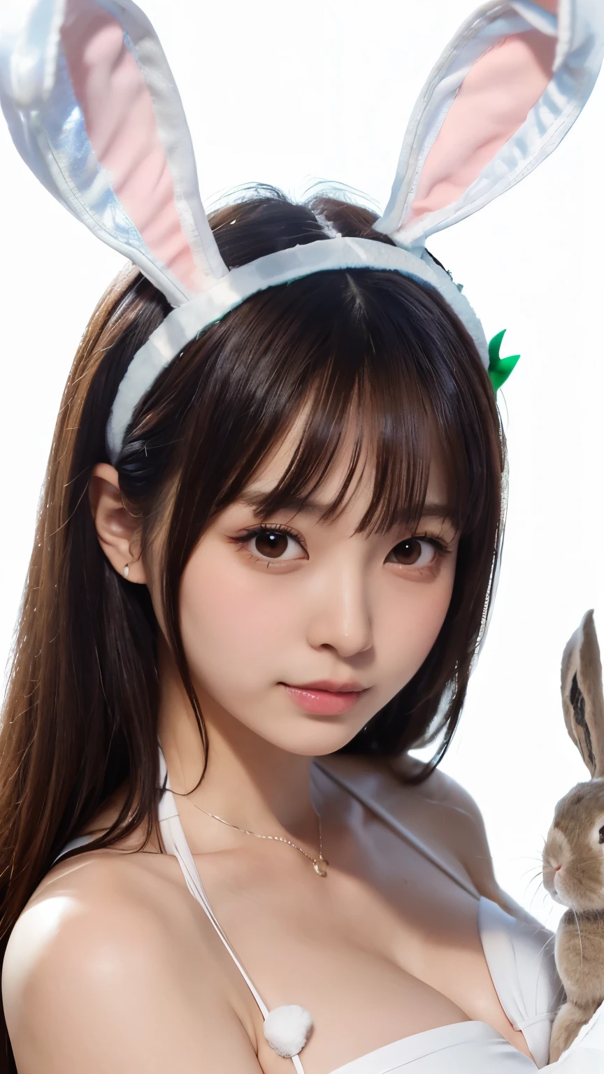 Masterpiece, 4K, bokeh, (Japanese idol:1.6), Beautiful high school girl, Blushed face, 
 (white bikini:1.4), (Bunny ears:1.4), (Bunny costume:1.6), looking at the viewer, cowboy shot, holding cats in both hands, (white background :1.4), closeup