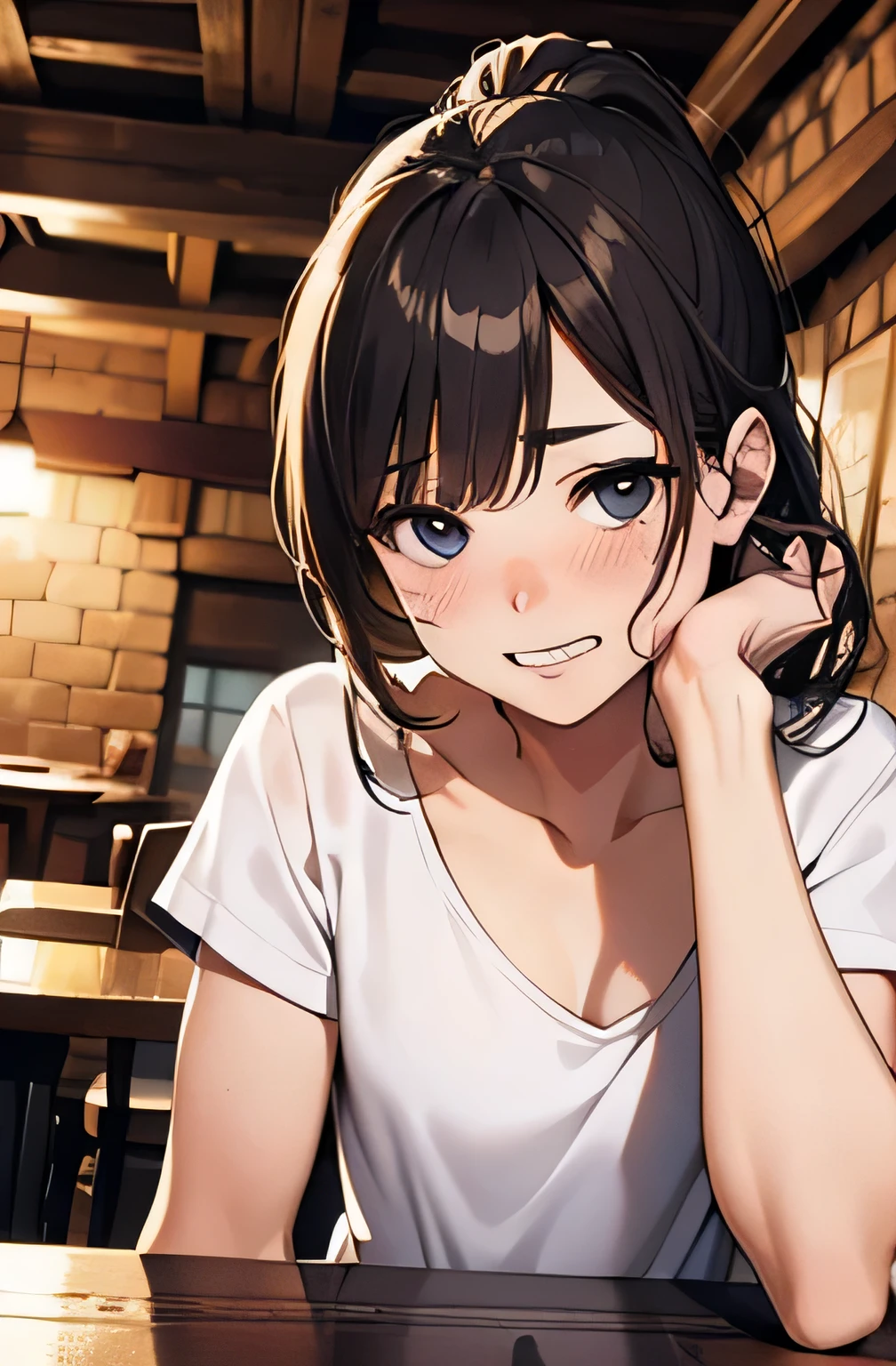 masterpiece, High resolution, High-definition CG Unity 8K,realistic,RAW photo, beautiful and detailed face,detailed hair texture, beautiful face, anatomically correct, symmetrical eyes,(small eyes:1.2),(single eyelid),(cute eyes:1.2),(droopy eyes:1.2), beautiful clavicle, (brown hair), (medium hair), (low ponytail)、(troubled eyebrows),(asymmetrical bangs:1.2),BREAK、(white t-shirt:1.2)、(scene of drinking with a man in a tavern at night:1.2), (She is sitting at the table drinking alcohol)、(She is bowing her head on the table)、(nose blush:1),(grin:1),Upper body、front、