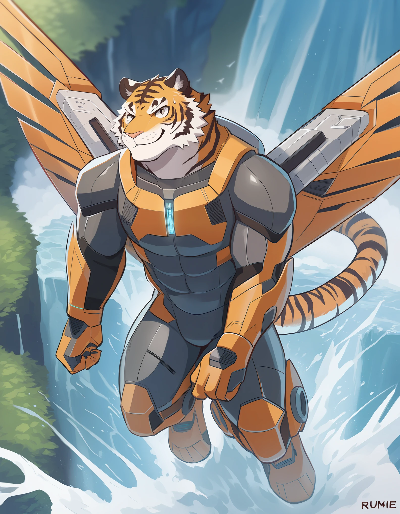 (tiger, anthro, male, muscular), solo, fluffy, (plugsuit), flying, smug, action pose, beautiful, (mechanical wings), motion lines, waterfall, high-angle view, machinery, best quality, masterpiece, detailed background, by rumine
