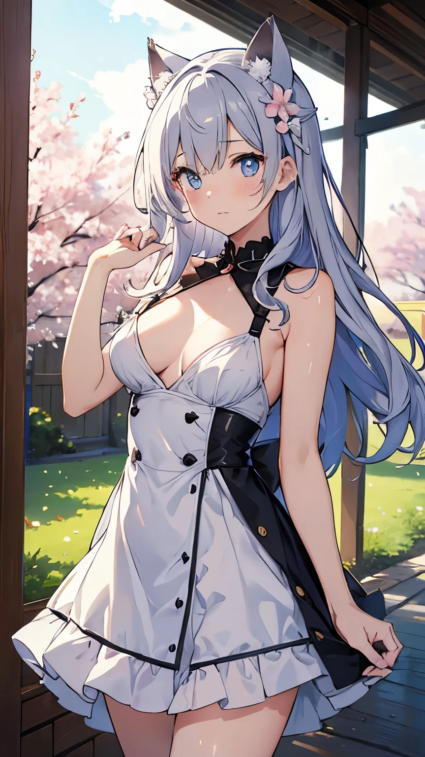 (masterpiece, high quality, High resolution,best image quality),
BREAK
blurry returnground, (colorful:0.7), (focus of the eye:1.2), looking at the viewer, upper_body, Fisheye, (indoors:1.1), cuteg, warm light, cute cat ears, 
Break 1, Are standing, alone, ^ ^, (lean_forward:1.1), arm_behind_return, (opened my eyes:1.1), head_tilt, nakedの肩, small breasts, long eyelashes, clavicle, (blush:0.95),
Destroying glowing skin, shiny hair,(bright pupils:1.1),Highly curious,fine eyes,hair ornaments, long hair, two side up hair,gray hair, panty shot, shining eyeasterpiece、4k、8K(masterpiece, 最high quality:1.6), thighs, beautiful girl, garden, blue sky, looking at the viewer, thin waist, official art, Raw photo, incredibly absurd, face light, dynamic lighting, cinematic lighting, surreal, High resolution, photo shoot, sharp focus, most detailed, very detailed, super detailed, finely, very detailed目と顔,fluttering grass,(spring,cherry blossomsの花),petal,(Lens flare),altocumulus,bright light,cool breeze,(shade) internal [cherry blossoms],grassland,.best image quality，naked，wipe panties，publish one&#39;chest of，sexy and excited，beautiful breasts,white skin,pointed chest,erect nipples,porn images，lots of sweat，wet costume，濡れたbody，See through，underskirt lift，nipple slip from，cum on chest，cum in pussy，