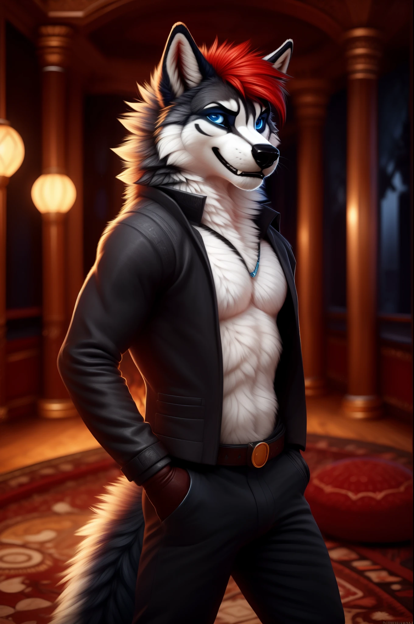 full body, male, wolf, black fur, white markings, red hair, seductive smile, sexy pose, blue eyes, detailed eyes, detailed background, ball room, fluffy fur, feminine, ultra detailed, 8k, fully clothed, depth of field, by anchee, by phenyanyanya, by ketei, by clockhands,