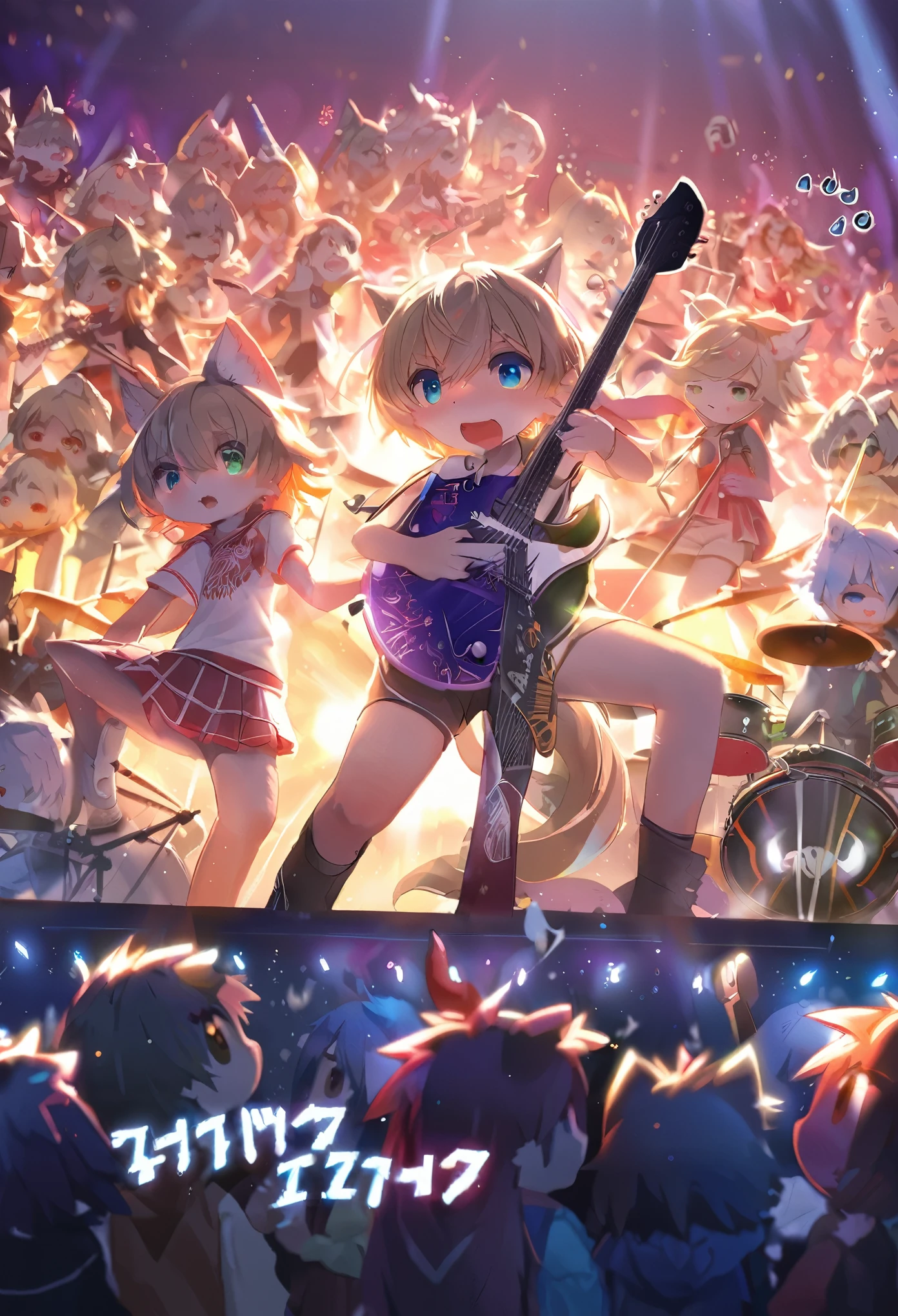top quality, best quality, High-quality illustrations, masterpiece, super high resolution, detailed background, Rock Band Concerts, Musical instrument performance, Stage Performance, hot air, 6+boys, 6+girls, absurdres(highly detailed beautiful face and eyes)perfect anatomy, expression, good lighting, cinematic shadow(kemono, furry anthro)(sound effects, motion blur),