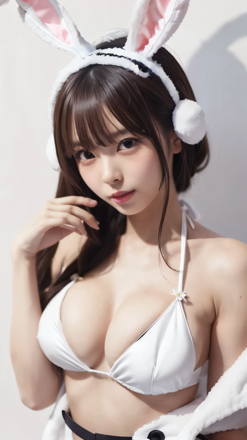 Masterpiece, 4K, bokeh, (Japanese idol:1.6), Beautiful high school girl, Blushed face,
(white bikini:1.4), (Bunny ears:1.4), (Bunny costume:1.6), looking at the viewer, cowboy shot, holding cats in both hands, (white background :1.4), closeup