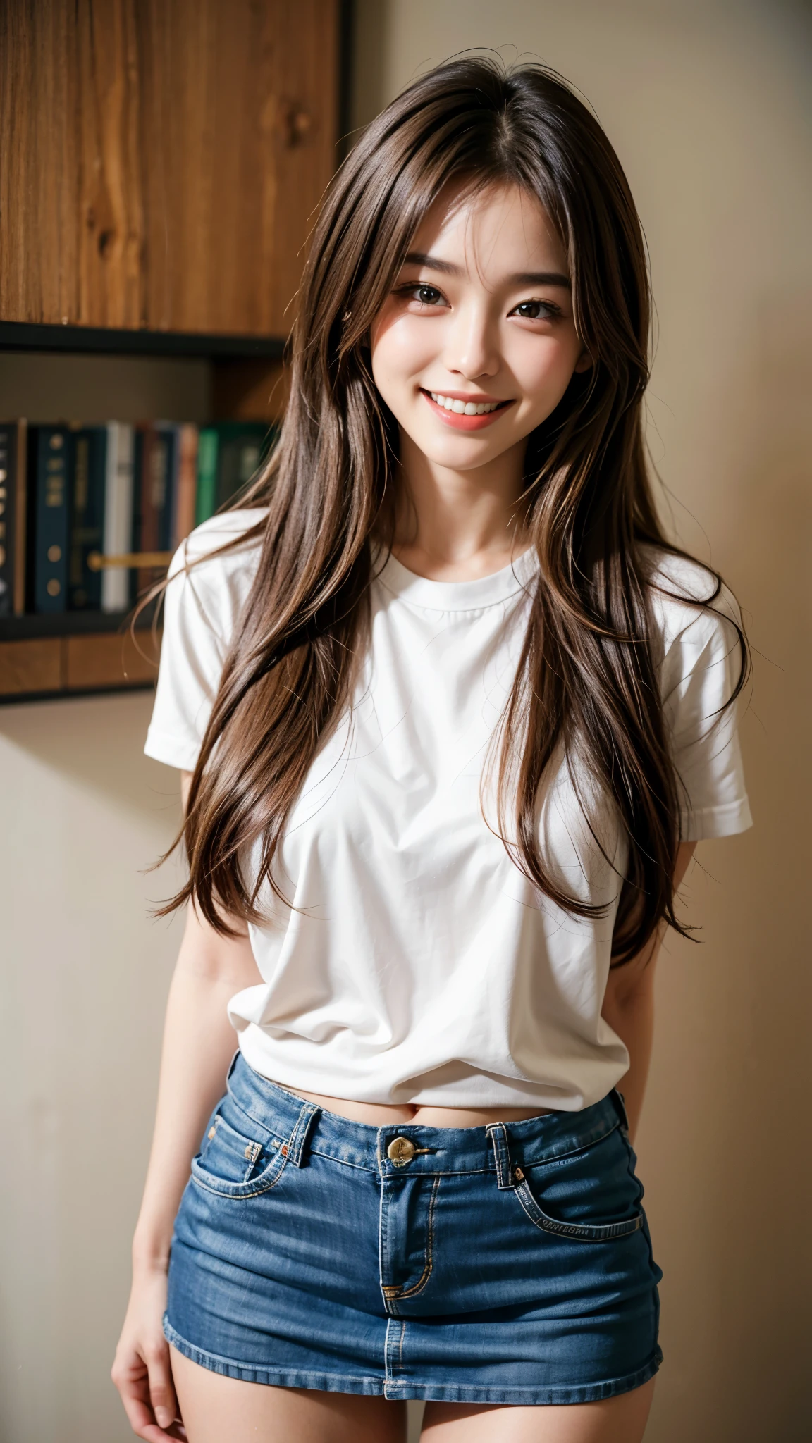 高いest quality, masterpiece, ultra 高い resolution, (realistic:1.4), 20-year-old,1 girl,Super 高い quality,8K,thinウエスト,thin脚,thin and beautiful arms,beautiful fingers,sale eye makeup,thin,Medium chest,soft chest,mini skirt,brown long hair,thinジャケット,realistic,picture media chest)),((toothy smile)),((big smile))