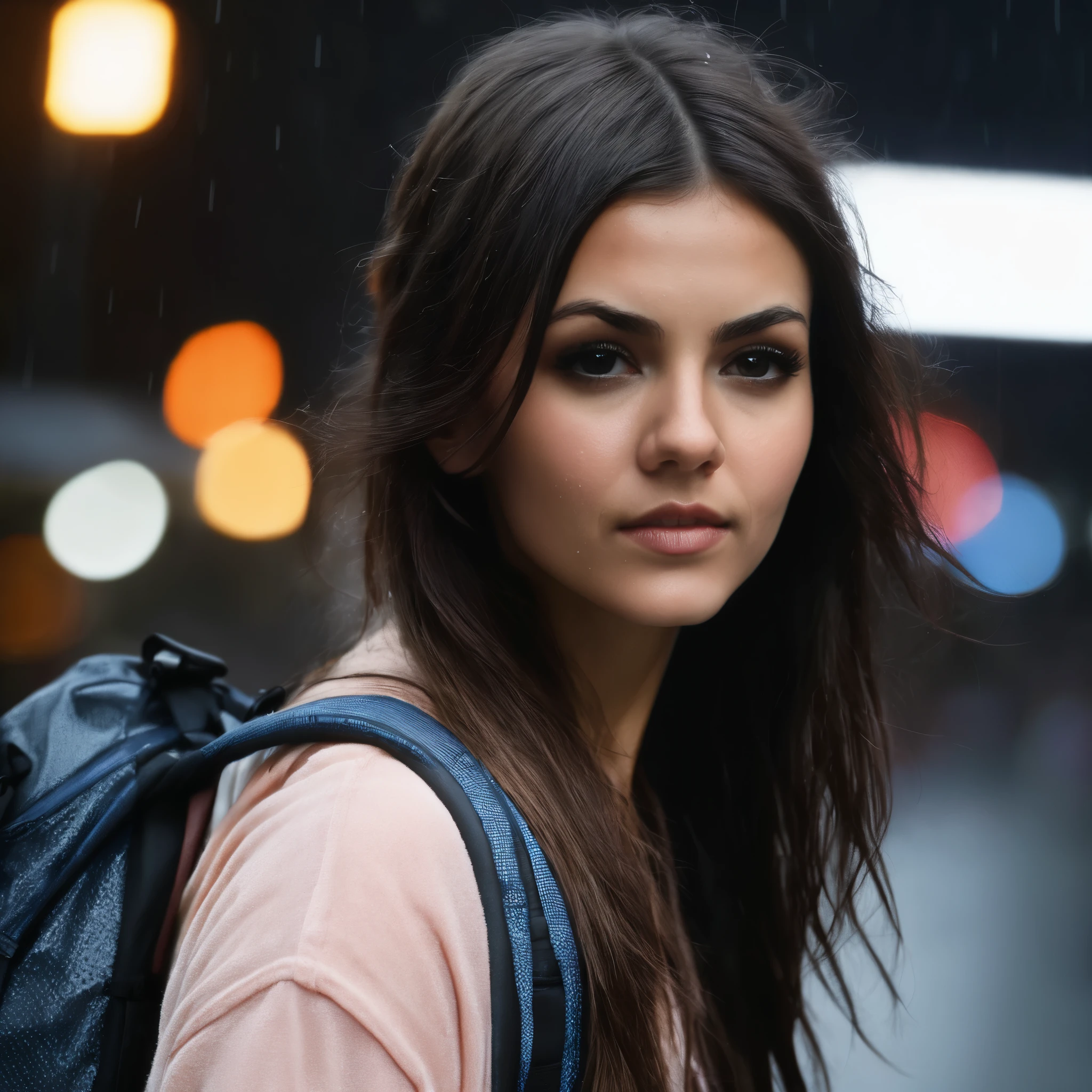 victoria_justice, portrait, close up, tourist, ((very long hair, hair over eye, hair in face, tolpess with a backpack, wild hair, raids, wet hair, wet skin, wet body, soaking wet)), topless wearing jeans and athletic shoes, dirty, messy, raining, foggy, dim light, noir style, dystopian city at night, ((perfect eyes, detailed eyes, realistic eyes)), ((sharp face, detailed face, realistic face, natural skin, realistic skin, detailed skin, pores)), full frame photo, (head-to-toe in picture)