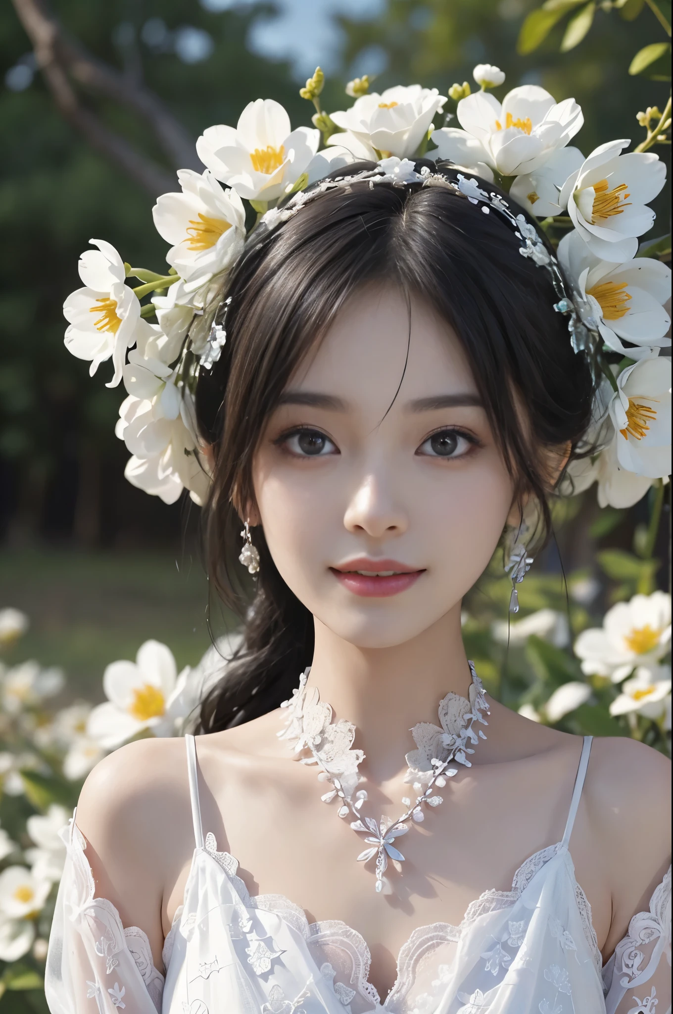 best quality、tmasterpiece、ultra high resolution、actual、1 girl、Glossy skin、((Surreal detailed))、Global photo、8K、Highly complex details、shinning eyes、Black straight hair、highkey、pureerosfaceace_v1、A smile、Elegant pose、White ultra-thin transparent lace、Lots of flowers in the background