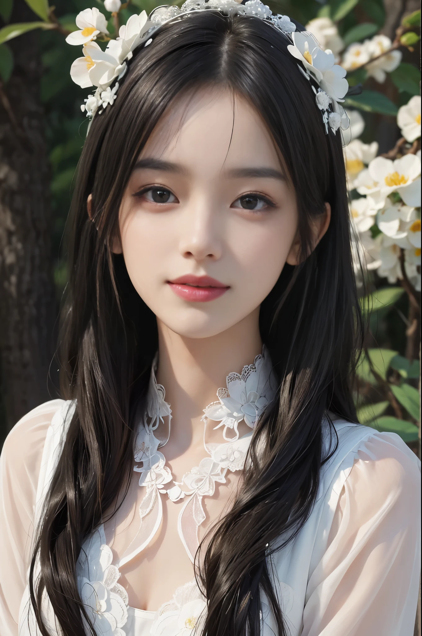 best quality、tmasterpiece、ultra high resolution、actual、1 girl、Glossy skin、((Surreal detailed))、Global photo、8K、Highly complex details、shinning eyes、Black straight hair、highkey、pureerosfaceace_v1、A smile、Elegant pose、White ultra-thin transparent lace、Lots of flowers in the background