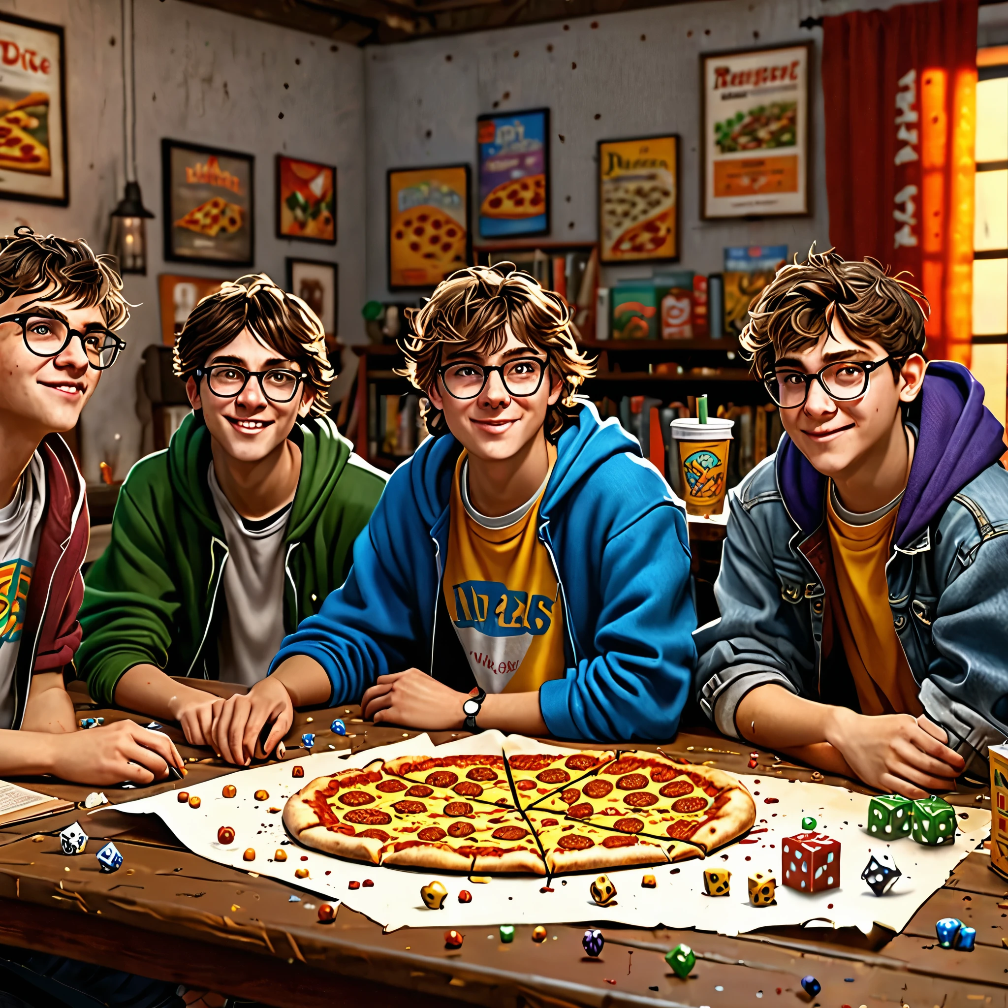 best quality,ultra-detailed,realistic,6 nerds,age boys,disheveled,loose clothes,pizza stains,acne,sit around a table,DM screen,battle map,miniatures,dice,books,everyone has a character sheet,portraits,studio lighting,vivid colors
