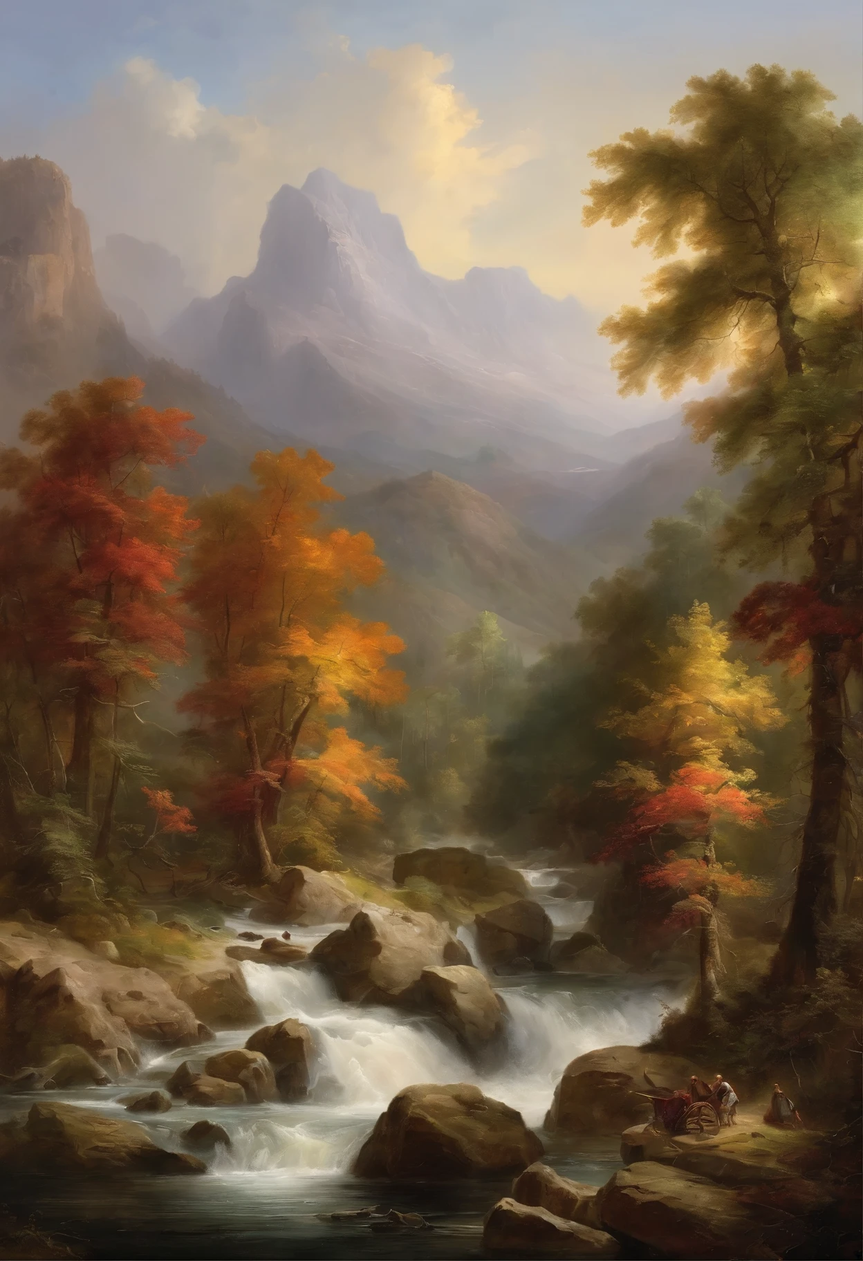 Thomas Cole was a 19th-century American landscape painter，Considered the founder of the Hudson River School。Cole's works are all romantic，Meticulous and realistic，It mainly depicts the natural scenery of the United States。（Hudson River School painter and「steampunc」combine，The images generated by the AI are of high quality）