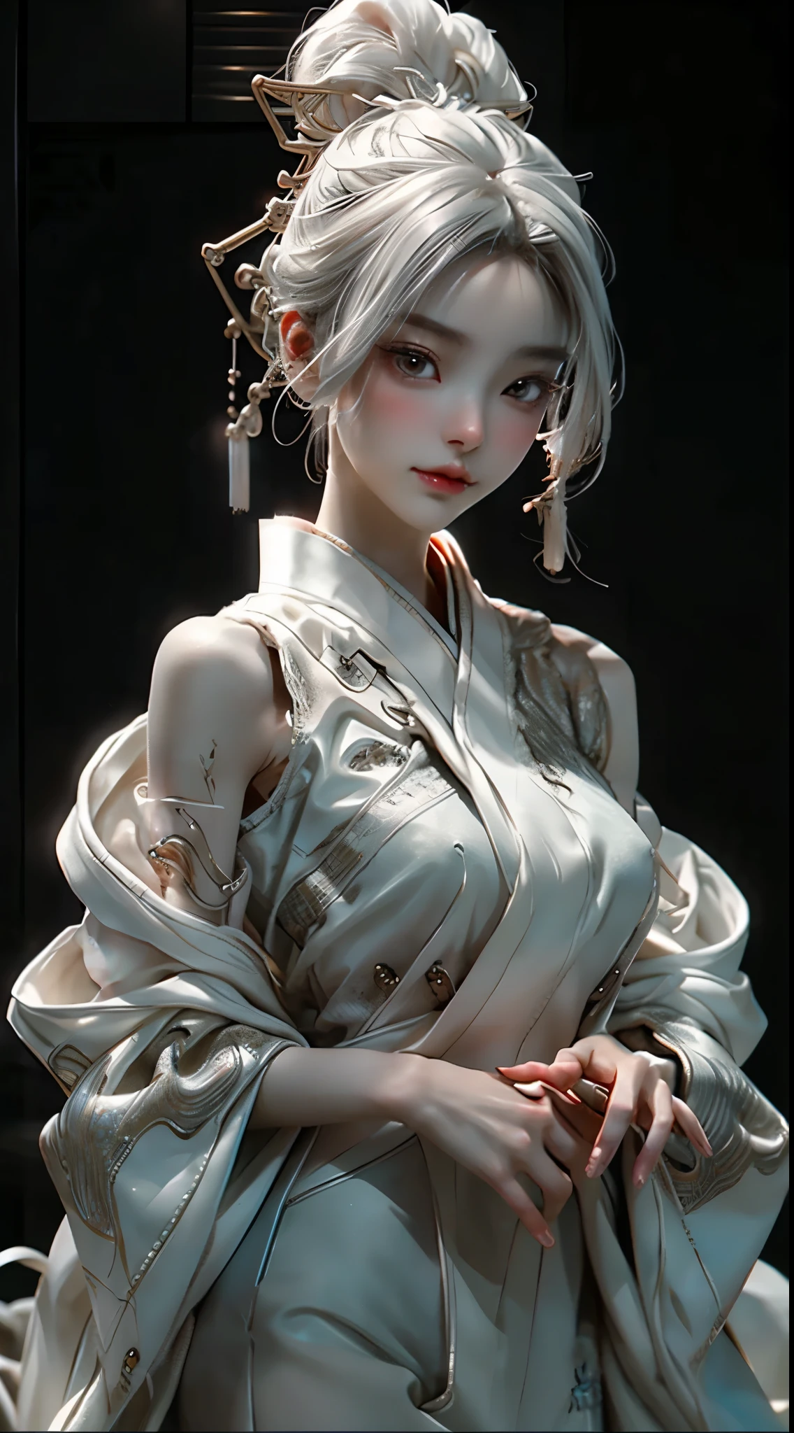 A captivating portrait photograph of a twenty-something Japanese female android, crafted from white and silver glass and clear plastic, exudes an allure that rivals human beauty. Her maquillaje and geisha-inspired hairstyle add an air of elegance and tradition to her futuristic form. Brass mechanical innards peak through her translucent body, contrasting the fluid organic construction of her form. In a dynamic pose, she defies the stillness typically associated with androids, exhibiting an almost liveliness in her movements. Intricate lace designs adorn her exterior, their delicate texture a stark contrast to the harsh metallic circuitry that gleams beneath. Her ne
