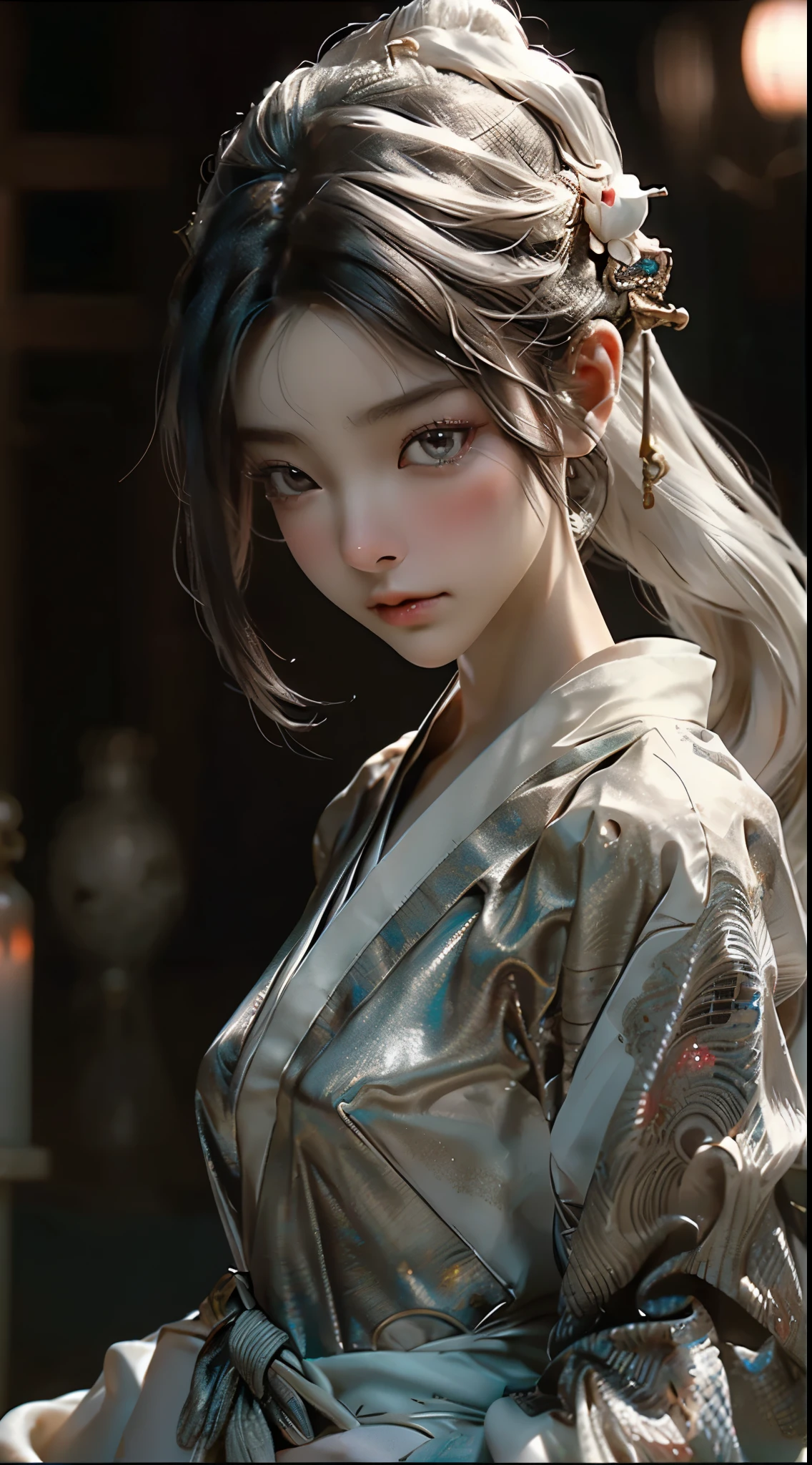 A captivating portrait photograph of a twenty-something Japanese female android, crafted from white and silver glass and clear plastic, exudes an allure that rivals human beauty. Her maquillaje and geisha-inspired hairstyle add an air of elegance and tradition to her futuristic form. Brass mechanical innards peak through her translucent body, contrasting the fluid organic construction of her form. In a dynamic pose, she defies the stillness typically associated with androids, exhibiting an almost liveliness in her movements. Intricate lace designs adorn her exterior, their delicate texture a stark contrast to the harsh metallic circuitry that gleams beneath. Her ne