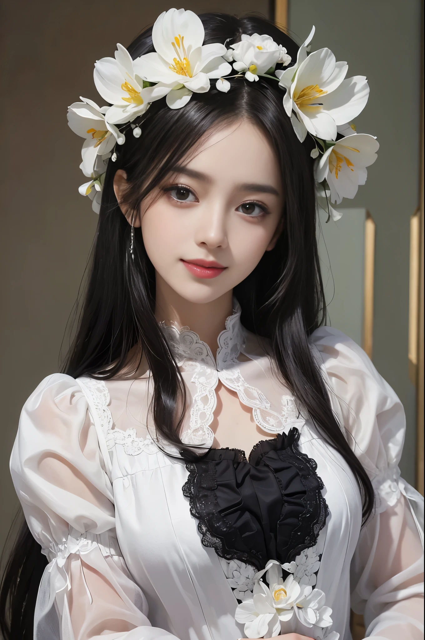 best quality、tmasterpiece、ultra high resolution、actual、1 girl、Glossy skin、((Surreal detailed))、Global photo、8K、Highly complex details、shinning eyes、Black straight hair、highkey、pureerosfaceace_v1、A smile、Elegant pose、White ultra-thin transparent lace、Lots of flowers in the background