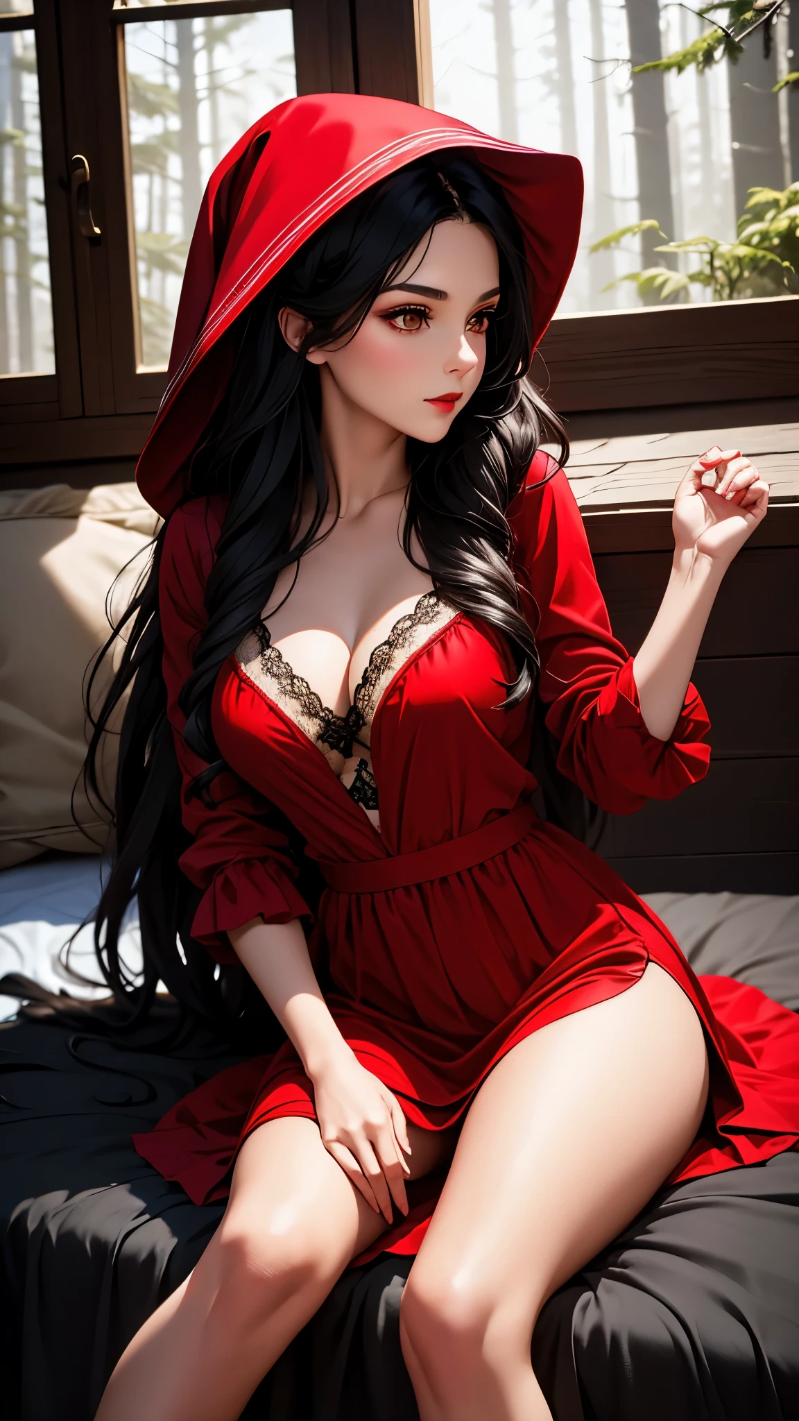 Little red riding hood with brown eyes and black hair wearing sensual and provocative clothes lying on a bed inside a cabin in the forest daring photo session artwork of the highest quality 8k