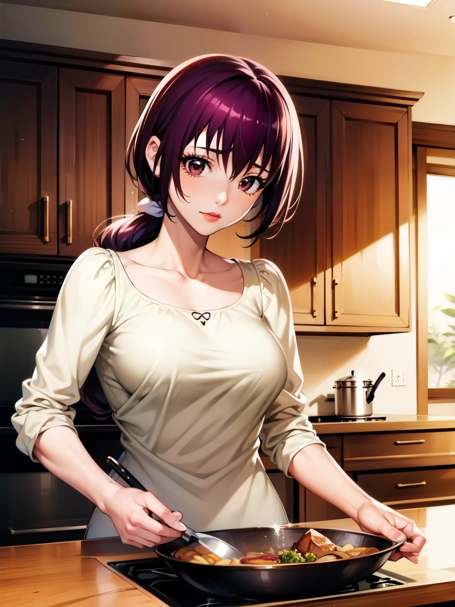 masterpiece, highest quality, very detailed, 1 girl, Anime - stylized illustration of a woman in a pink dress and holding a knife, Spy x Family Anya, marin kitagawa fanart, beautiful and seductive anime woman, cooking, misato katsuragi, very detailed fan art, seductive anime girl, in the kitchen, comic strip, 4k manga wallpaper, hyuga hyuga, High-definition official artwork, ; visual novel