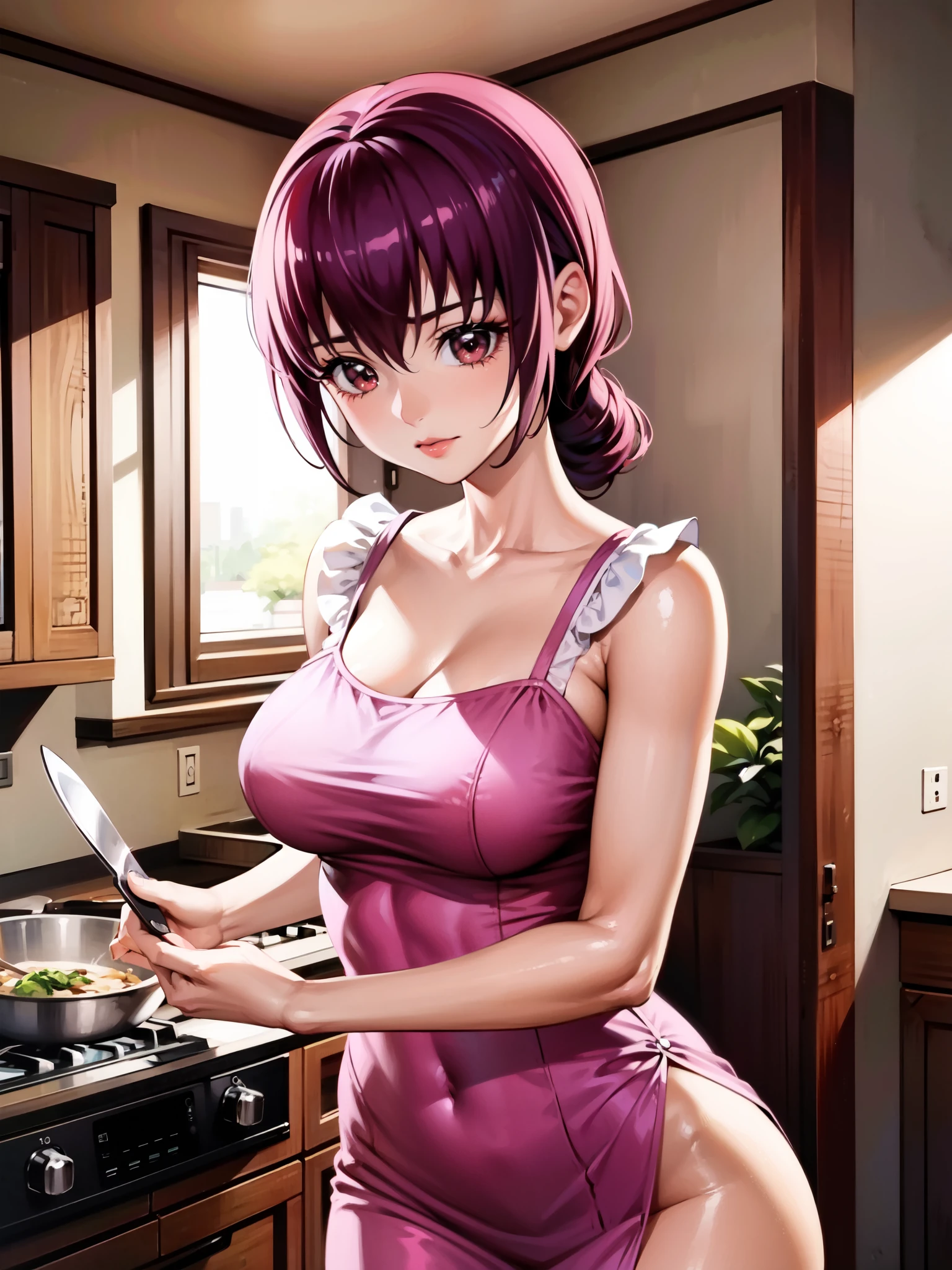 masterpiece, highest quality, very detailed, 1 girl, Anime - stylized illustration of a woman in a pink dress and holding a knife, Spy x Family Anya, marin kitagawa fanart, beautiful and seductive anime woman, cooking, misato katsuragi, very detailed fan art, seductive anime girl, in the kitchen, comic strip, 4k manga wallpaper, hyuga hyuga, High-definition official artwork, ; visual novel