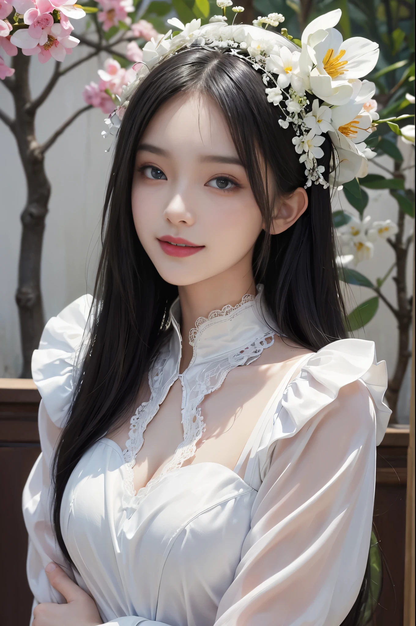 best quality、tmasterpiece、ultra high resolution、actual、1 girl、Glossy skin、((Surreal detailed))、Global photo、8K、Highly complex details、shinning eyes、Black straight hair、highkey、pureerosfaceace_v1、A smile、Elegant pose、White ultra-thin transparent lace、Lots of flowers in the background