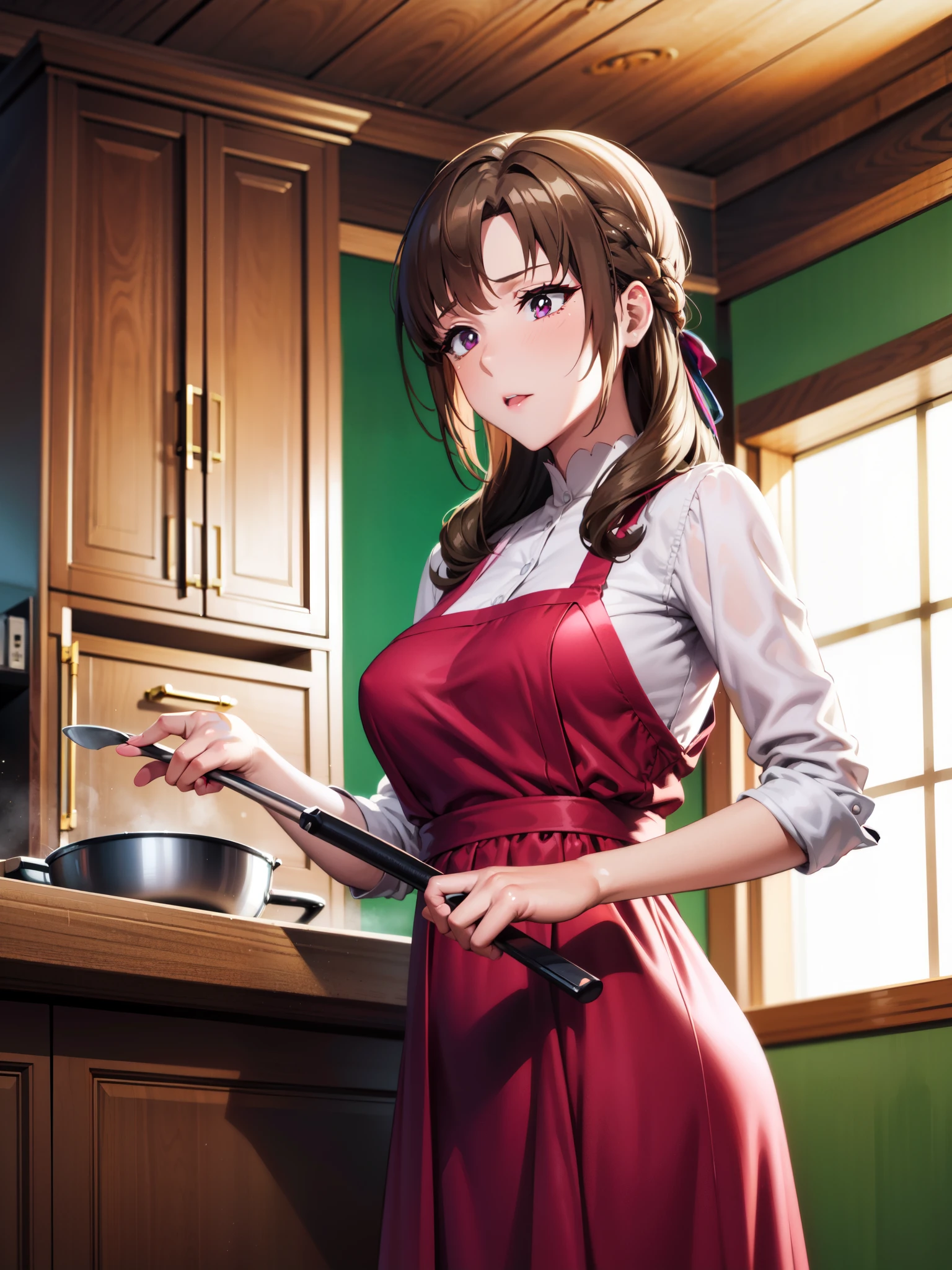 masterpiece, highest quality, very detailed, 1 girl, Anime - stylized illustration of a woman in a pink dress and holding a knife, Spy x Family Anya, marin kitagawa fanart, beautiful and seductive anime woman, cooking, misato katsuragi, very detailed fan art, seductive anime girl, in the kitchen, comic strip, 4k manga wallpaper, hyuga hyuga, High-definition official artwork, ; visual novel