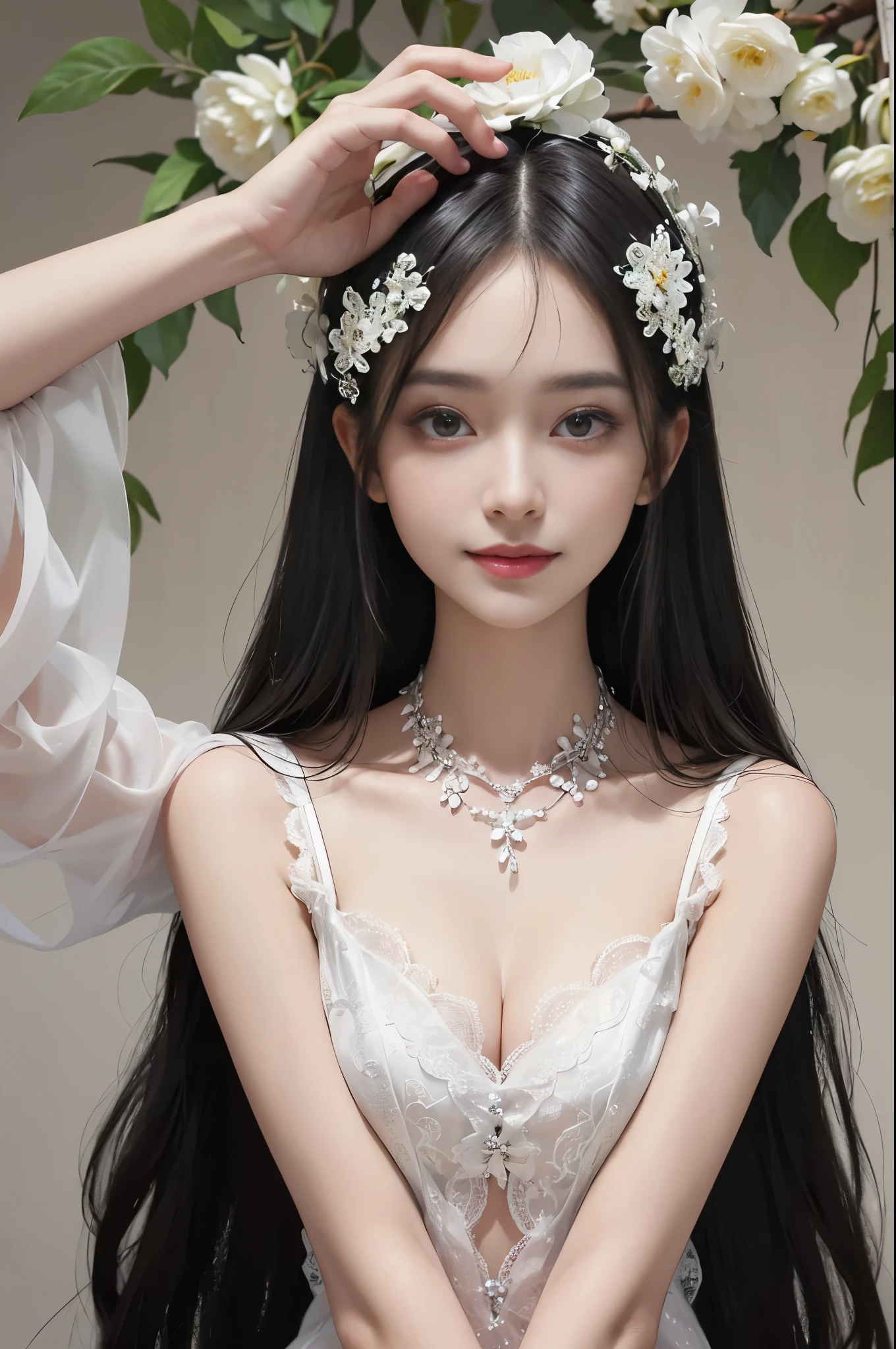 best quality、tmasterpiece、ultra high resolution、actual、1 girl、Glossy skin、((Surreal detailed))、Global photo、8K、Highly complex details、shinning eyes、Black straight hair、highkey、pureerosfaceace_v1、A smile、Elegant pose、White ultra-thin transparent lace、Lots of flowers in the background