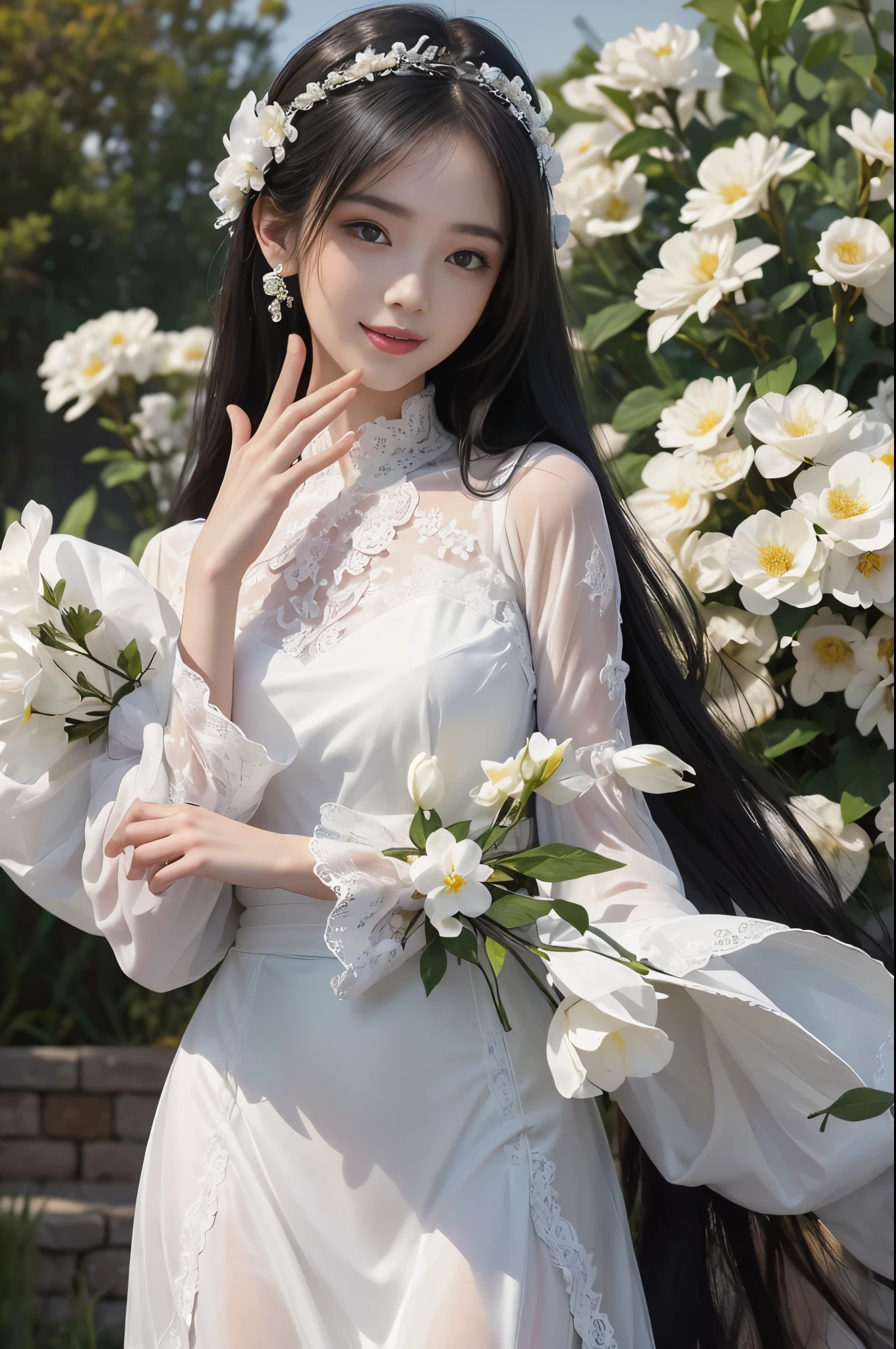 best quality、tmasterpiece、ultra high resolution、actual、1 girl、Glossy skin、((Surreal detailed))、Global photo、8K、Highly complex details、shinning eyes、Black straight hair、highkey、pureerosfaceace_v1、A smile、Elegant pose、White ultra-thin transparent lace、Lots of flowers in the background