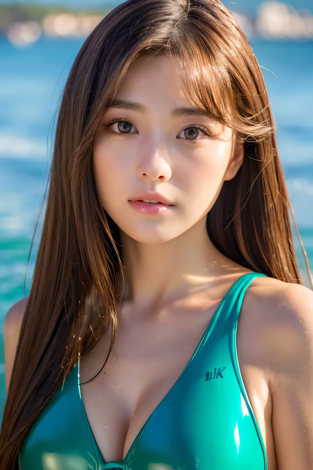 (upper body)、from front,(8K, original photo, highest quality, masterpiece: 1.45), (actual, lively: 1.37),1 beautiful girl、 (reality: 1.4), Japanese、asian beauty、super beautiful、beautiful skin、thin、(超reality的な)、(High resolution)、(8K)、(very detailed)、(Super detailed)、big eyes、brown eyes、long eyelashes、detailed face、gloss lip,bright lighting、professional lighting、looking at the camera、serious expression、look straight ahead、medium hair、brown hair、sea landscape、Nogizaka Idol、actress、20-year-old、、、wet skin、Red latex suit、cleavage cutout、baby face、Moisturized and realistic skin texture、moist lips、natural shadows、,Pose that emphasizes the 、