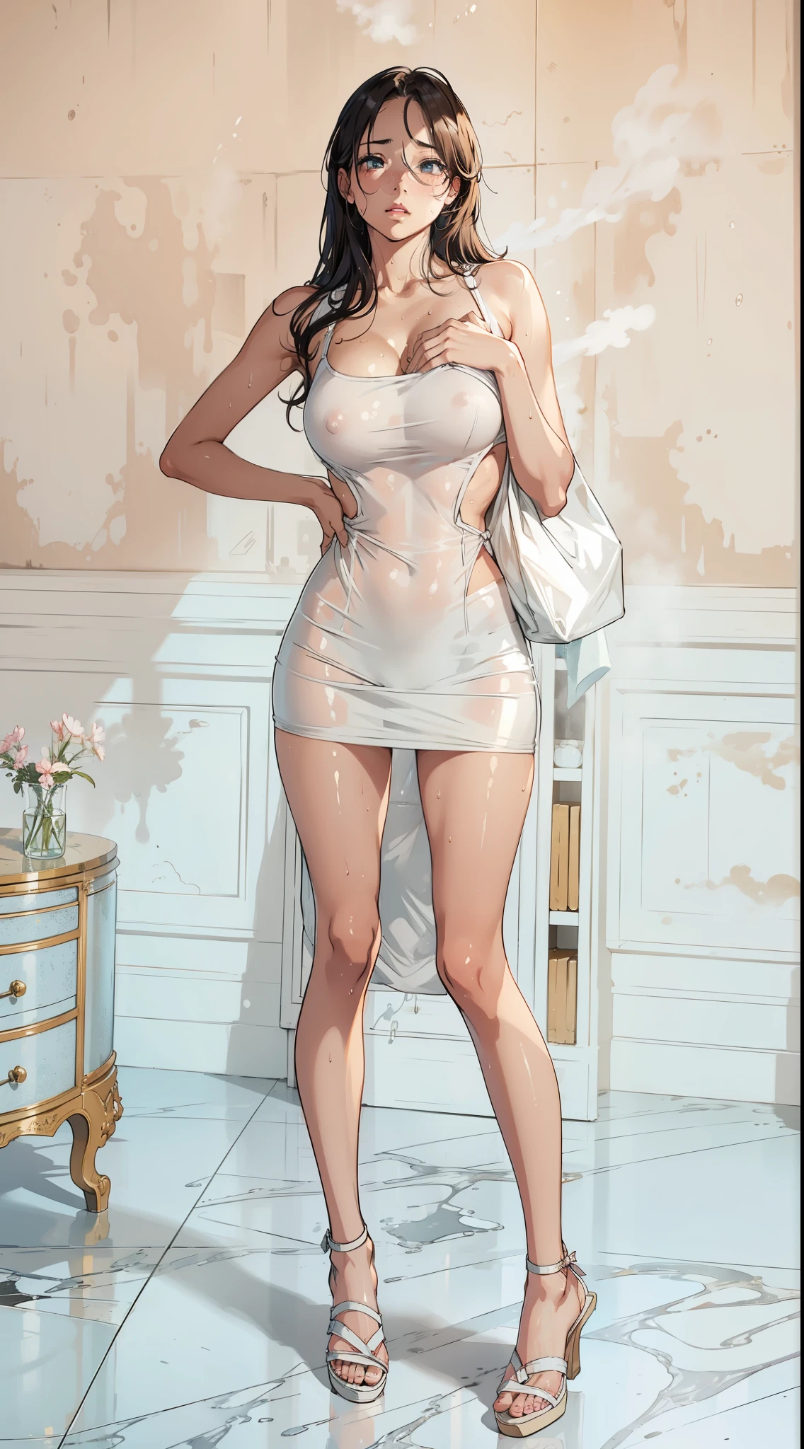 girl, detailed eyes, sweat, steam, medium breast, nsfw, shy, looking at viewer,
