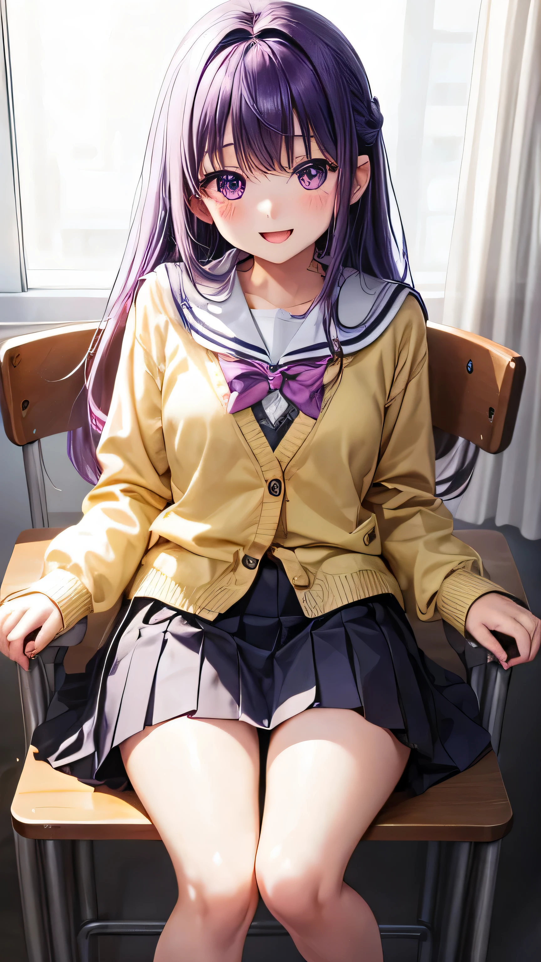 very cute girl、、purple hair、Fluffy semi-long hair、、purple eyes、big eyes、droopy eyes、cute eyes、(yellow cardigan)、the front of the cardigan is open、(white school uniform)、(black skirt、(16 years old、slim and beautiful legs、Super high quality、full body shot、classroom、sitting in a chair、smile、open your mouth
