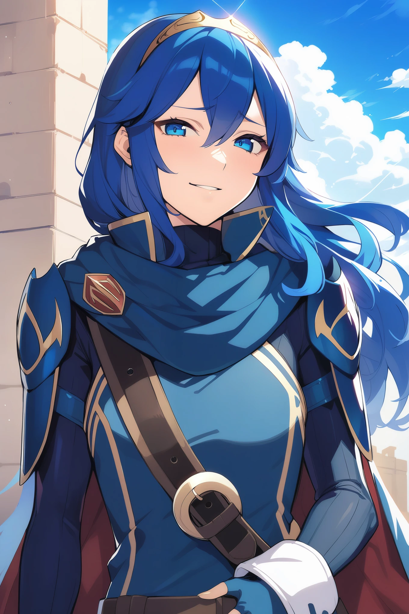 masterpiece, best quality, solo, 1girl, anime coloring defLucy, long hair, tiara, cape, shoulder armor, blue tunic, long sleeves, cuffs, blue scarf, fingerless gloves, belt, pants, looking at viewer, furrowed brow, smile, upper body, blue sky, clouds