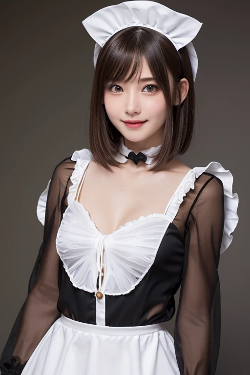 Laughter、White pantieuste piece, best quality, one girl, (beautiful girl:1.3), (16 years old:1.2), very fine definition, (symmetrical eyes:1.3), (Maid costume, (Moe transparent costume:1.3), beautiful breasts, brown eyes, parted bangs, brown hair