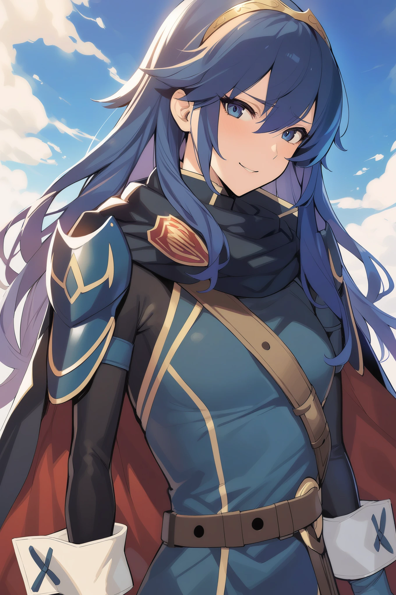 masterpiece, best quality, solo, 1girl, anime coloring defLucy, long hair, tiara, cape, shoulder armor, blue tunic, long sleeves, cuffs, blue scarf, fingerless gloves, belt, pants, looking at viewer, furrowed brow, smile, upper body, blue sky, clouds