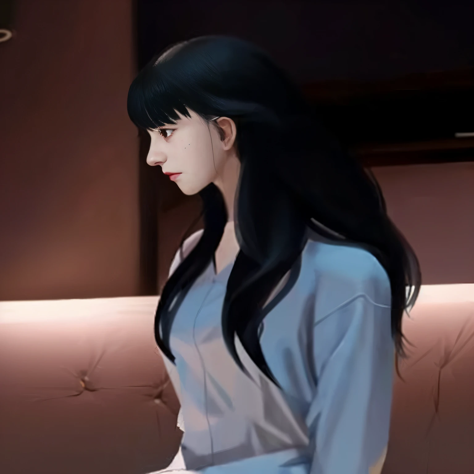 Anime girl sits on the sofa with a laptop on her lap., Drawing in Anime Painter Studio, digital anime illustration, Made with Anime Painter Studio., young woman with black hair, Inspired by Itō Shinsui, In the art form of the pond, Realistic anime style, Semi-realistic anime style, Anime girl profile, Realistic anime style, Inspired by Ma Yuanyu