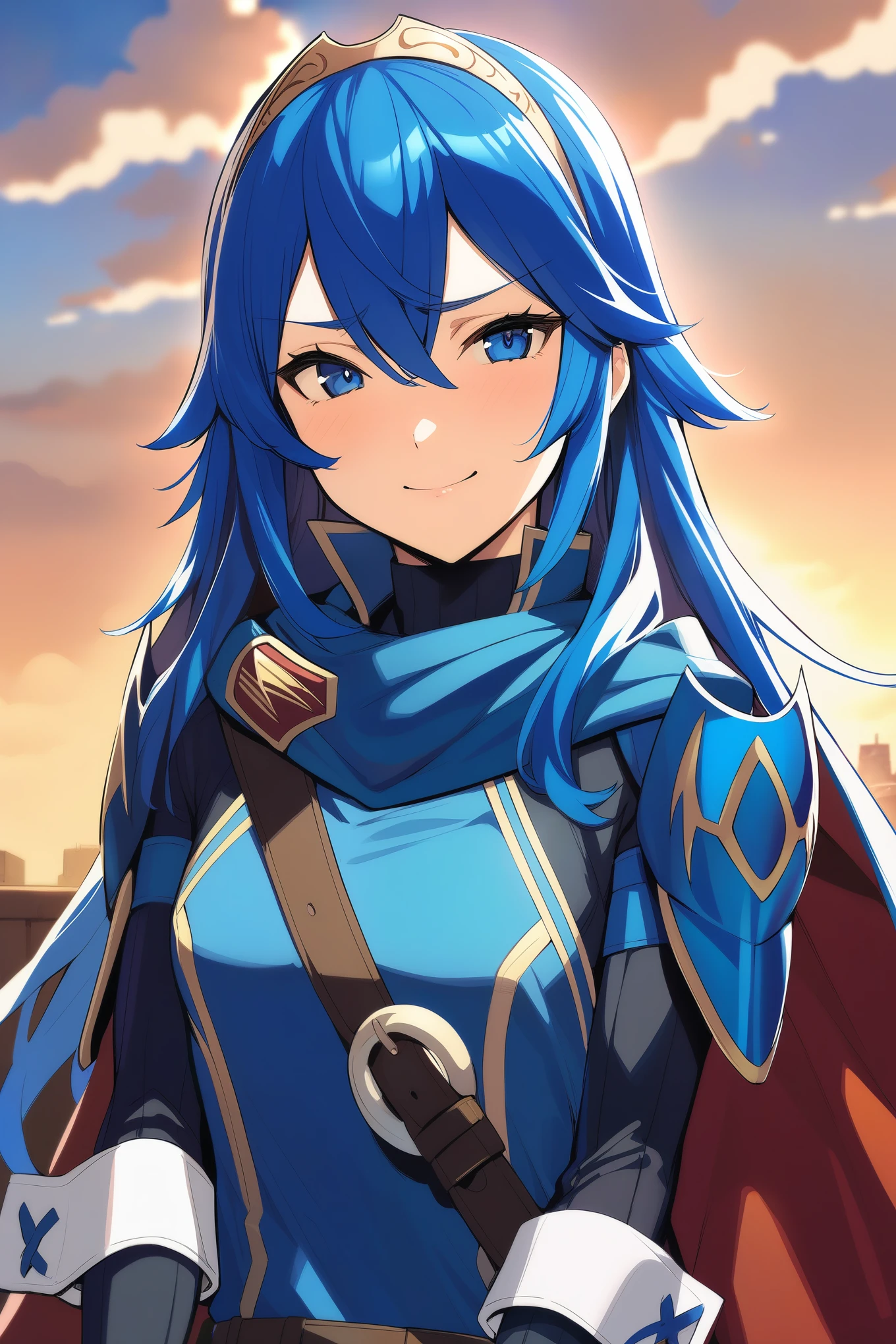 masterpiece, best quality, solo, 1girl, anime coloring defLucy, long hair, tiara, cape, shoulder armor, blue tunic, long sleeves, cuffs, blue scarf, fingerless gloves, belt, pants, looking at viewer, furrowed brow, smile, upper body, blue sky, clouds