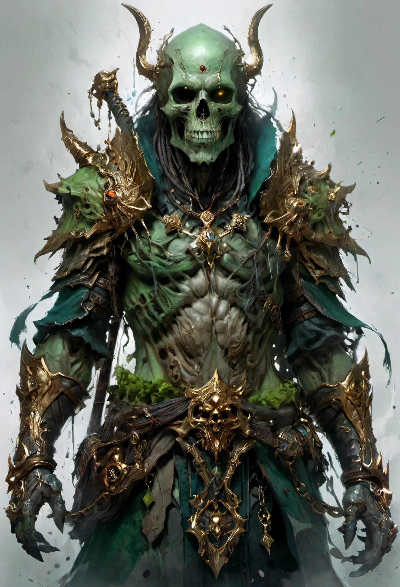 dungeons and dragons art, fantasy art, fantasy illustration, Powerful scary lich, undead archmage, green skull, holding staff of power, smoking, aura of necromancy, hovering, perfect anatomy, approaching perfection, dynamic, highly detailed, smooth, sharp focus, art by Carne Griffiths and Wadim Kashin, trending on artstation, sharp focus, intricate details, highly detailed, by greg rutkowski, mysterious, epic, cinematic, digital art, 4k,