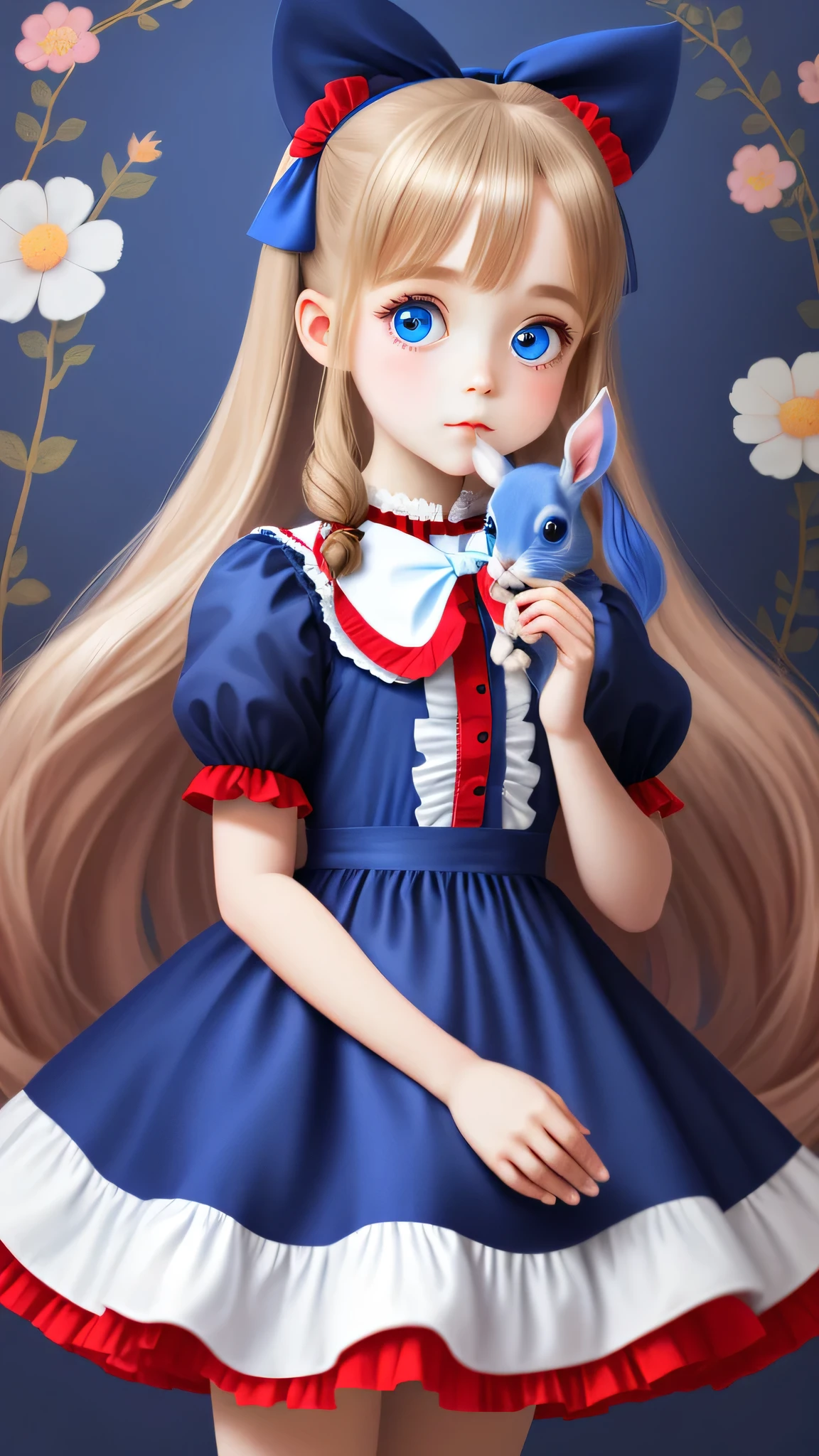 Double ponytailed Lolita girl holding rabbit with big eyes, (red and blue dress), blue eyes, flower background, golden long hair,